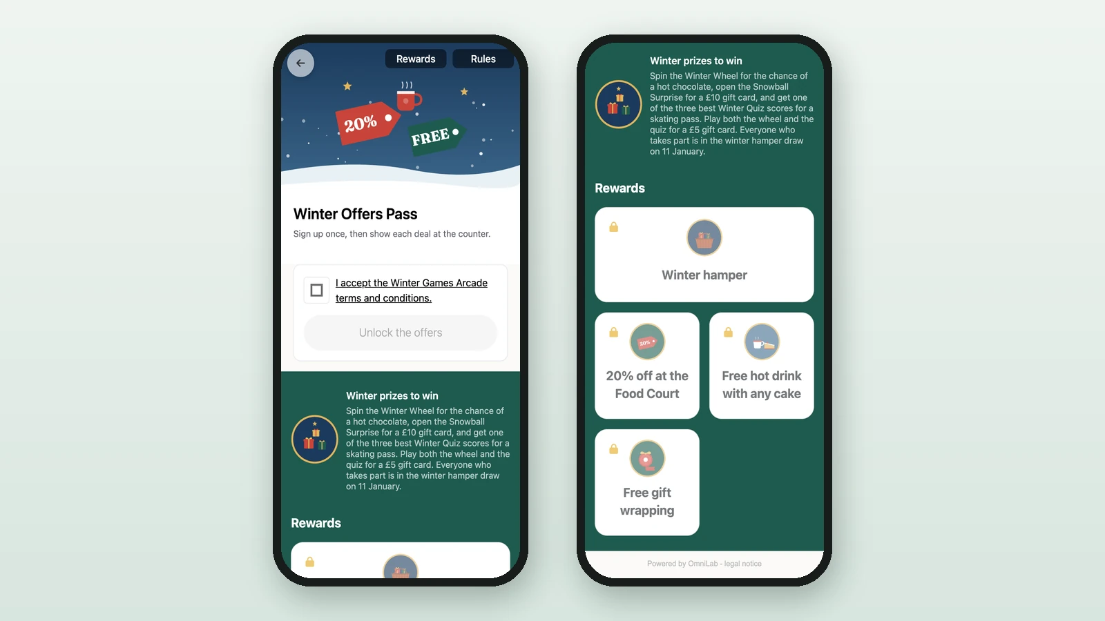 The Winter Offers Pass on a phone: the banner, the terms checkbox, Unlock the offers, and the three locked offers