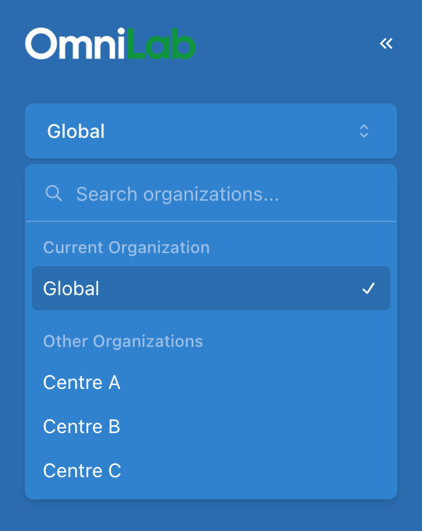 Sélecteur d'organisation montrant l'organisation actuelle et les autres organisations attribuées