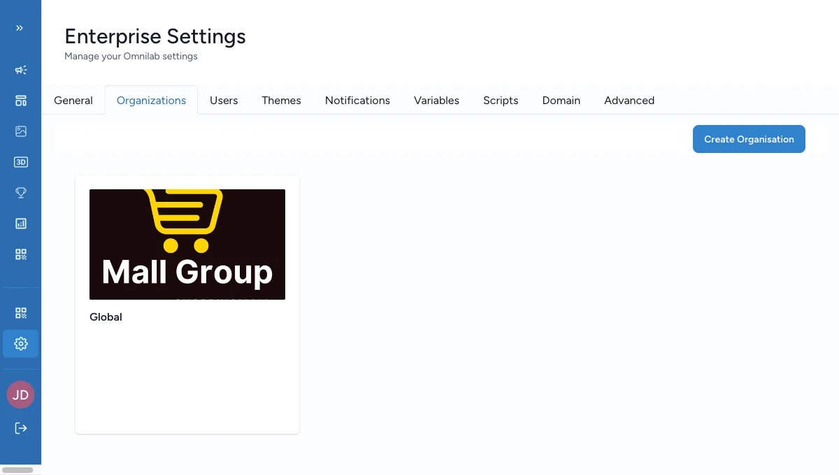 Organisations list with the delete action highlighted