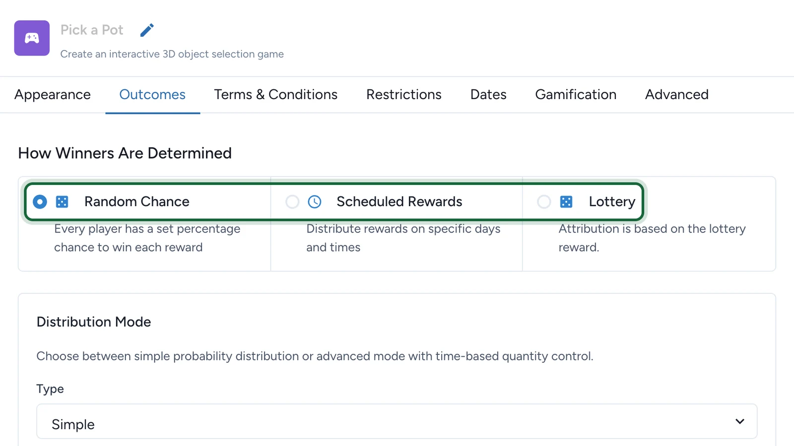 How Winners Are Determined on Pick a Pot, with Random Chance, Scheduled Rewards and Lottery highlighted