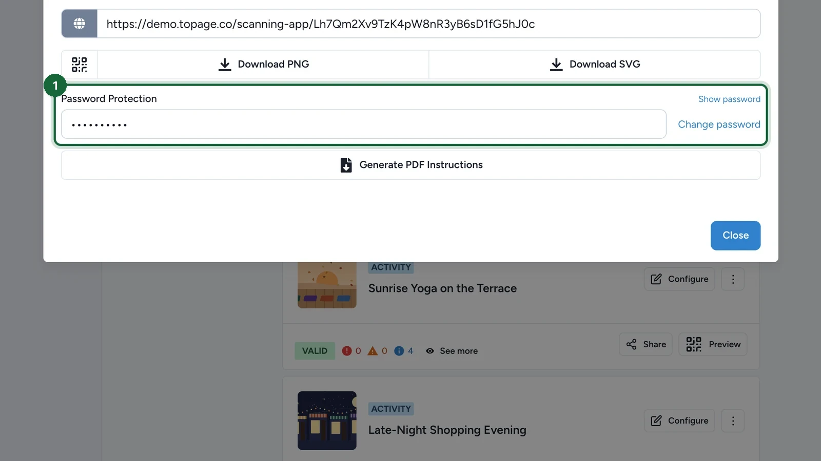 Password Protection field with Show password and Change password highlighted