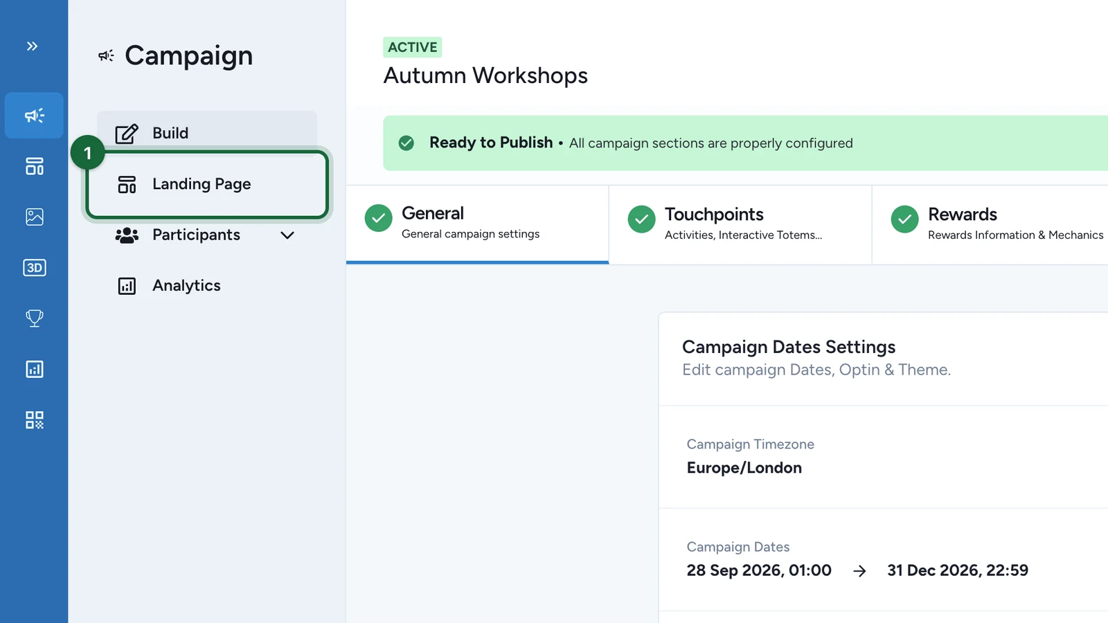 Campaign menu with Landing Page highlighted