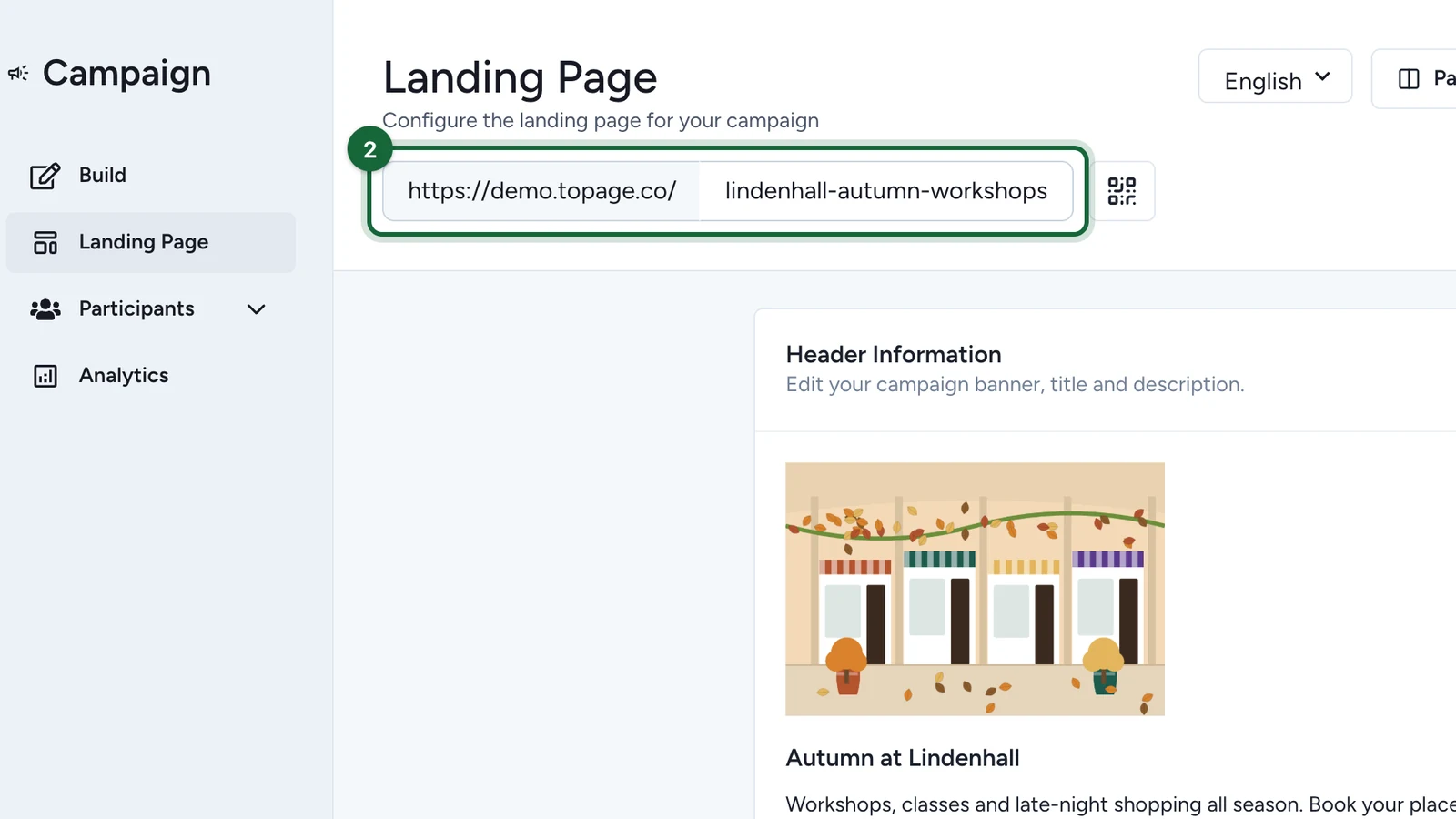 Landing Page screen with the campaign address highlighted