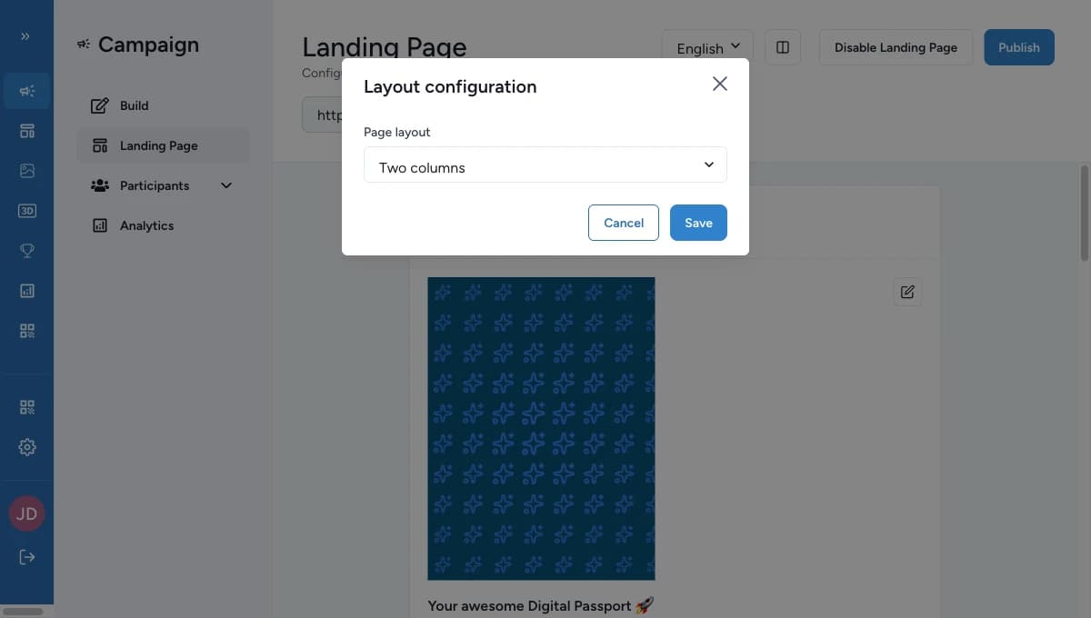 Page Layout selector with the One column option highlighted
