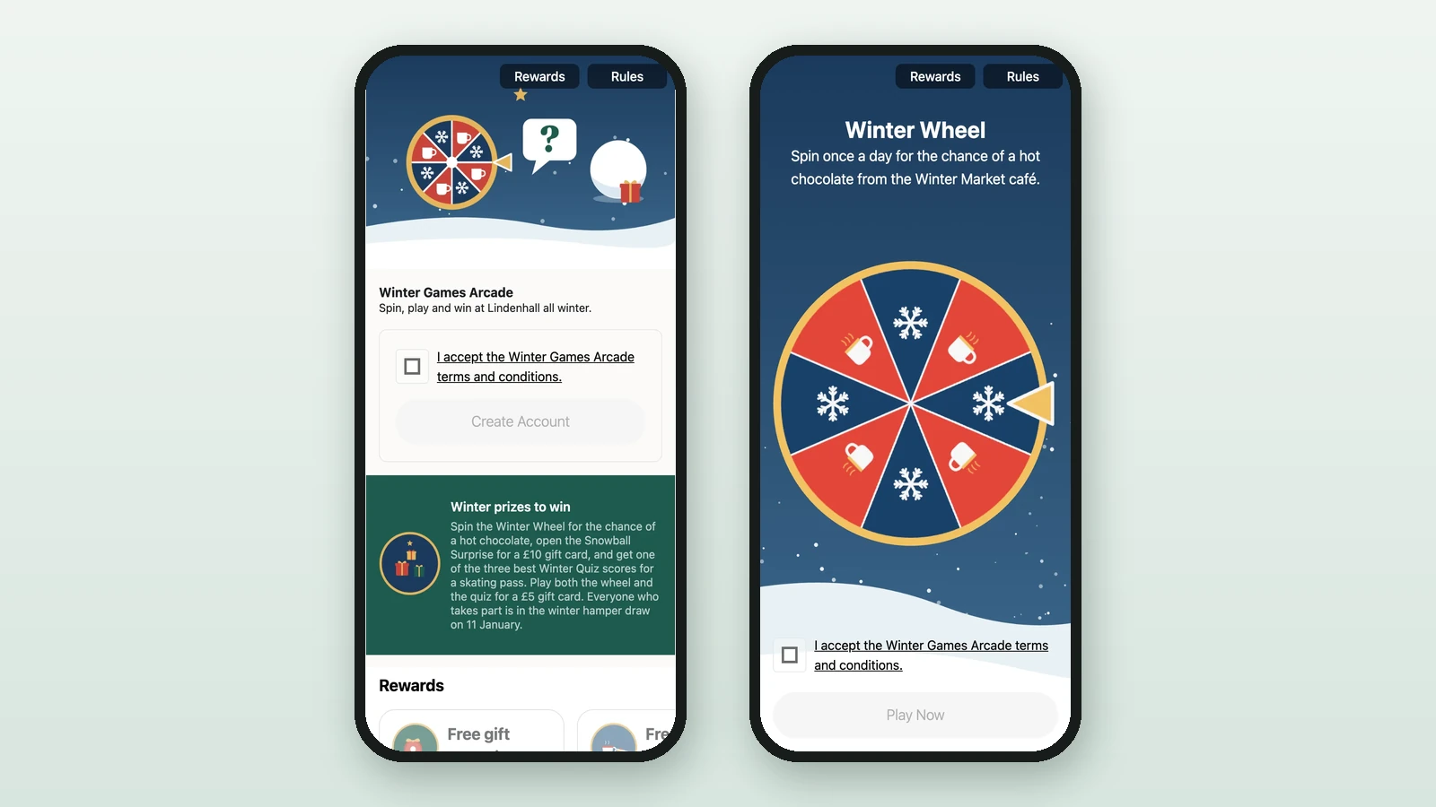 Two phone screens of the Winter Games Arcade: the landing page and the Winter Wheel, each with the terms checkbox above the button