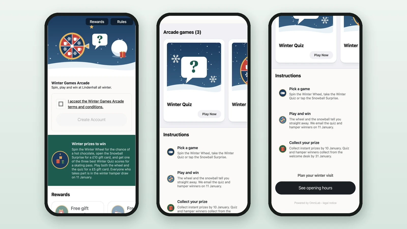 The Winter Games Arcade landing page on three phone screens: header, games, and instructions with the closing button