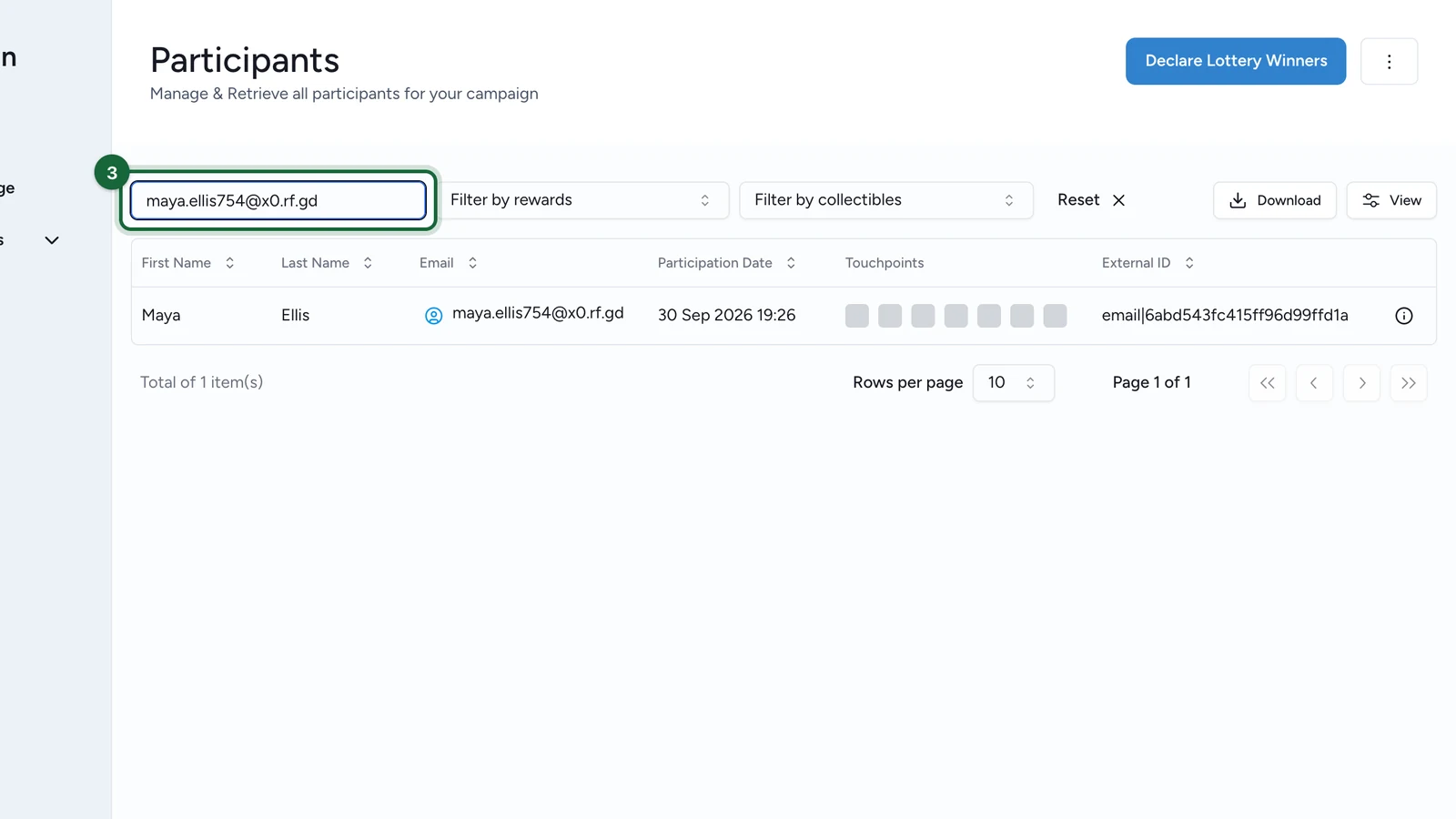 Participants list with maya.ellis754@x0.rf.gd typed in the search field, highlighted