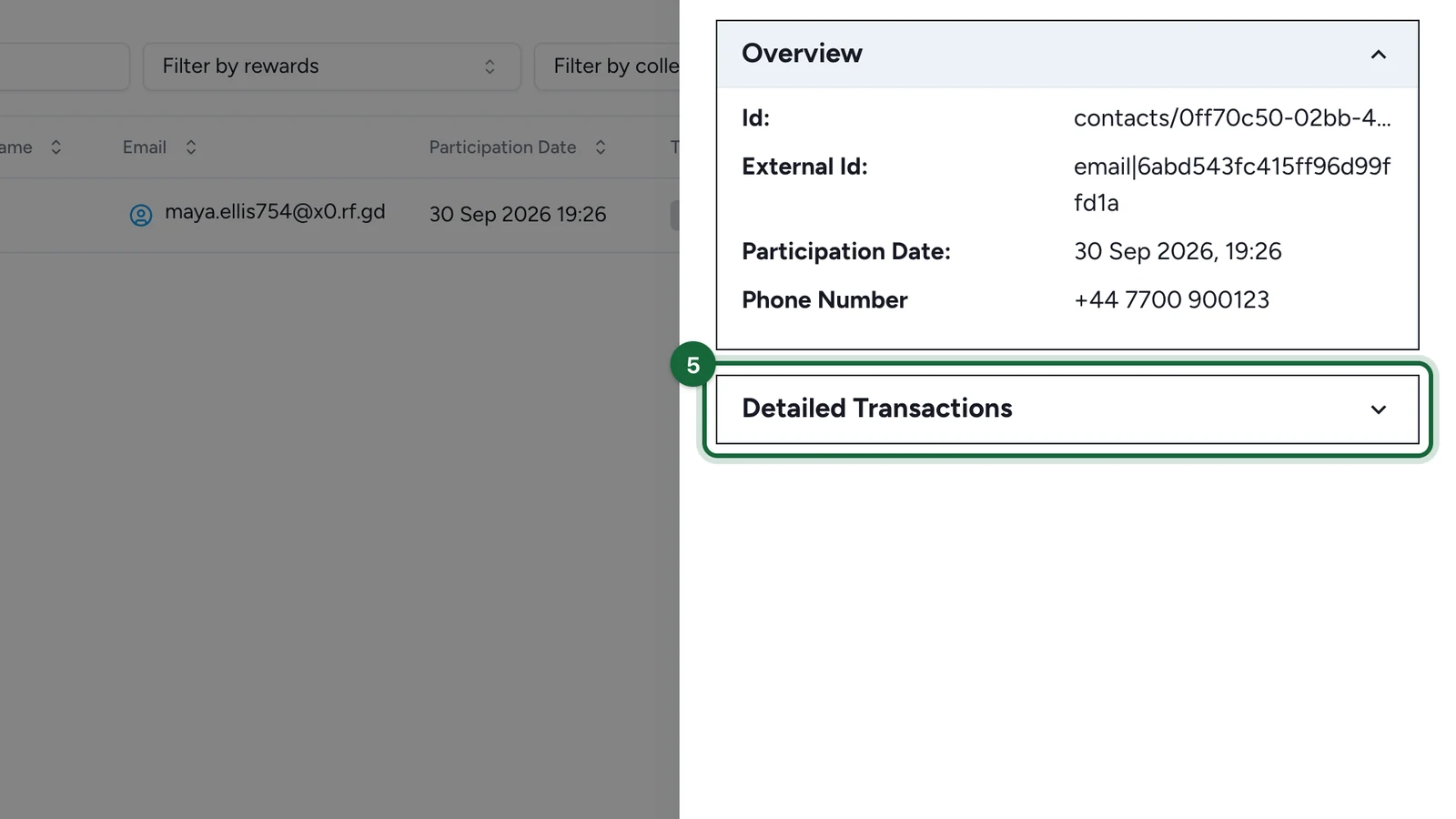 Participant Details with Detailed Transactions highlighted