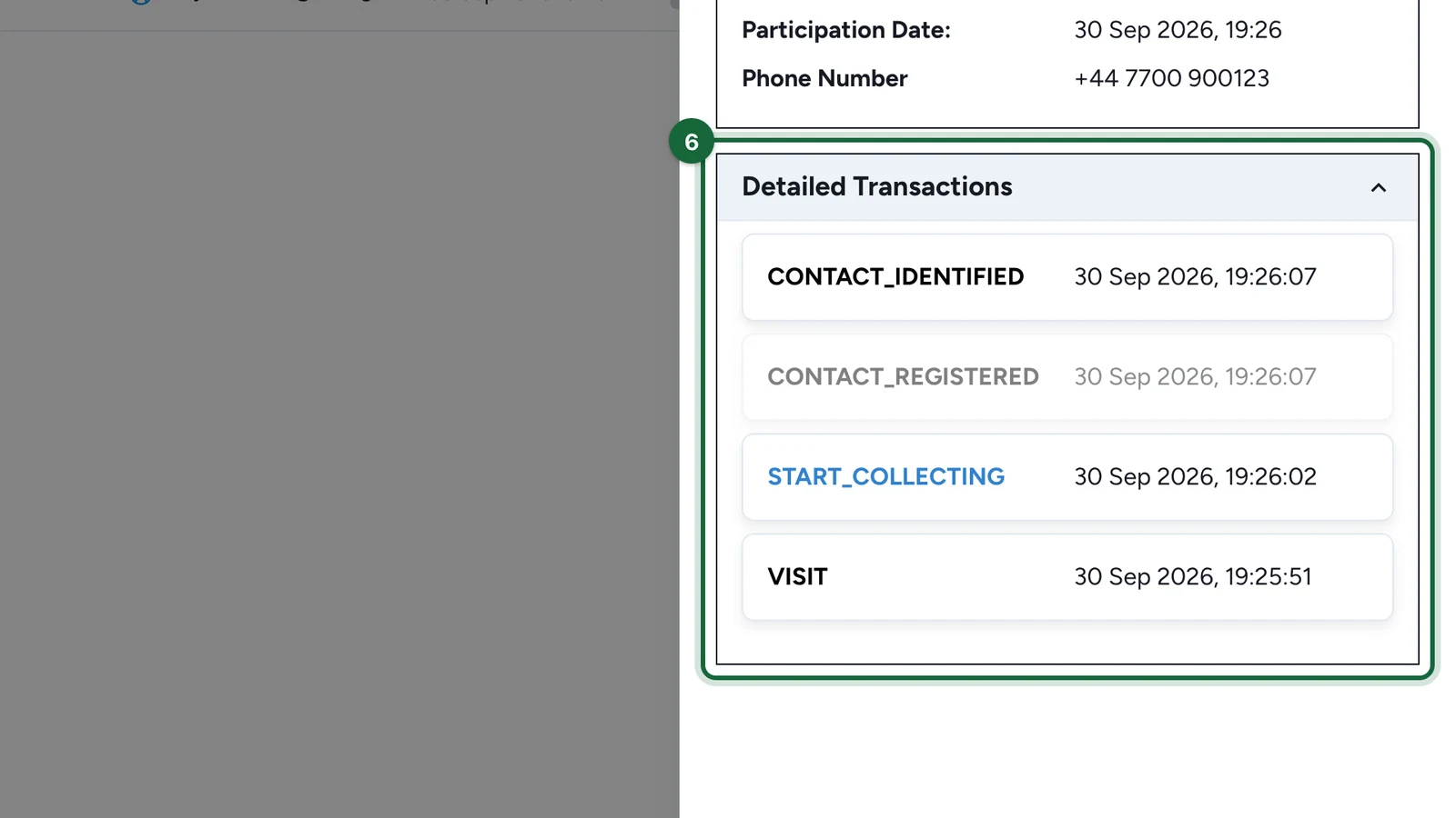 Detailed Transactions listing Maya Ellis's visit and sign-up, with no EMAIL_SENT, highlighted