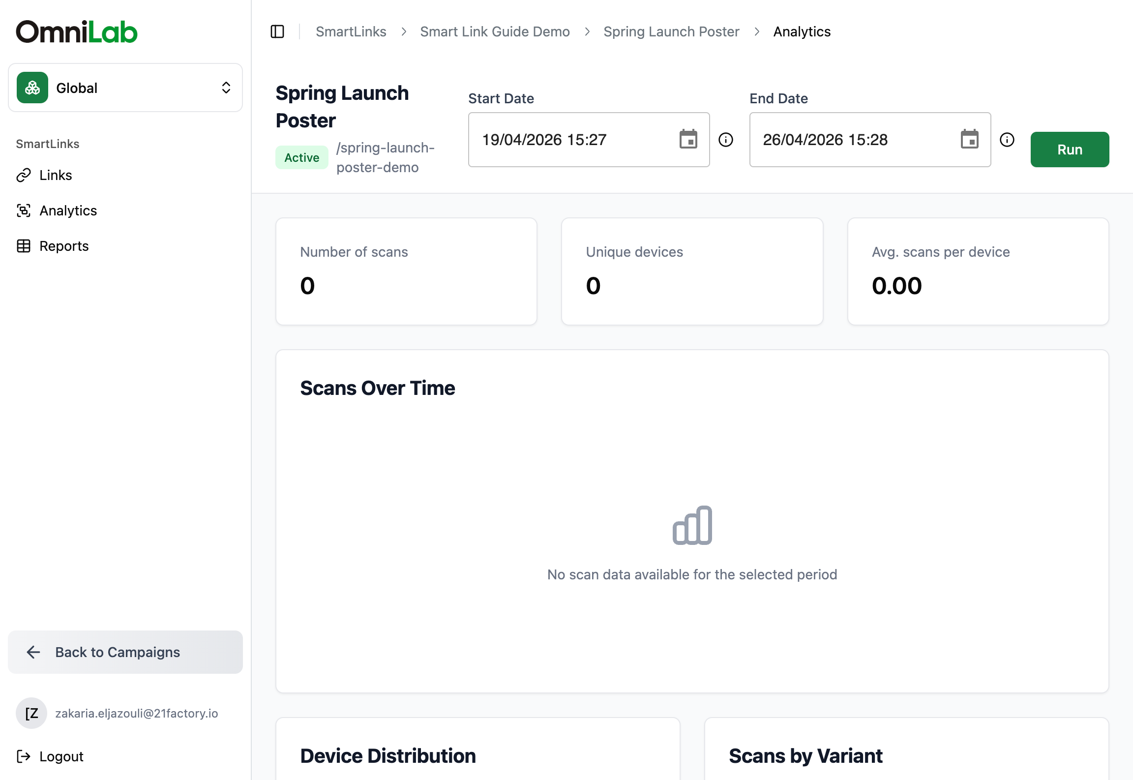 Analyses OmniLab Smart Link avec le widget Scans by Variant et les autres blocs de rapport