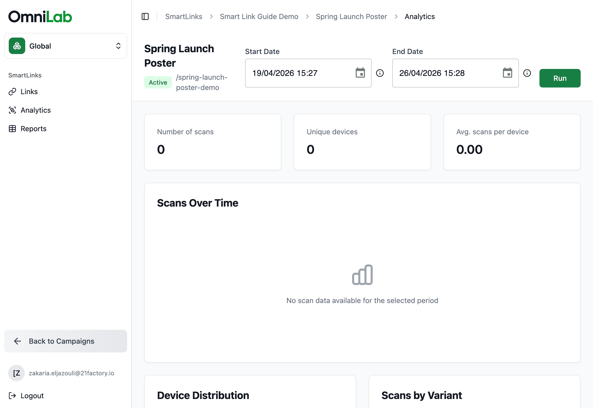 Smart Link Analytics with Device Distribution and related widgets visible after Run