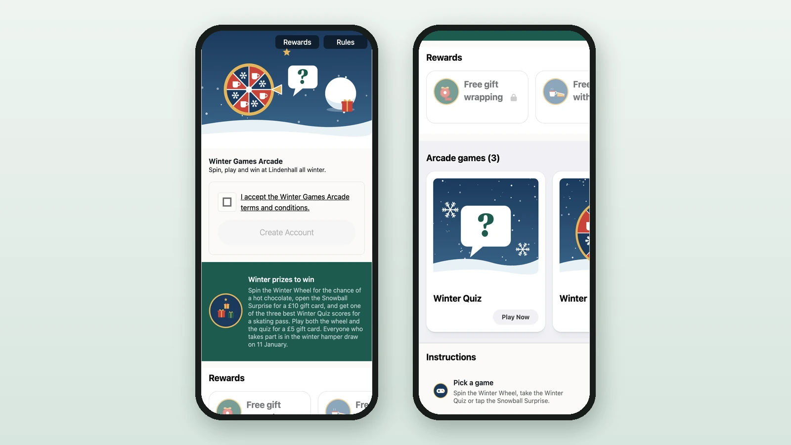 Winter Games Arcade on two phone screens: header and prize summary, then rewards and games