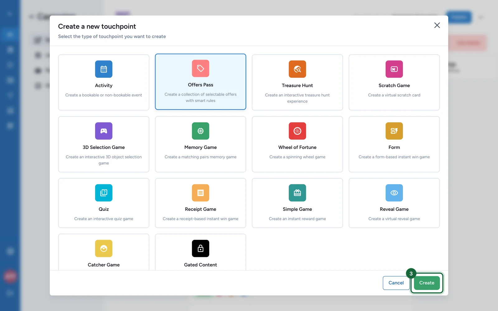 Create a new touchpoint window with the Create button highlighted