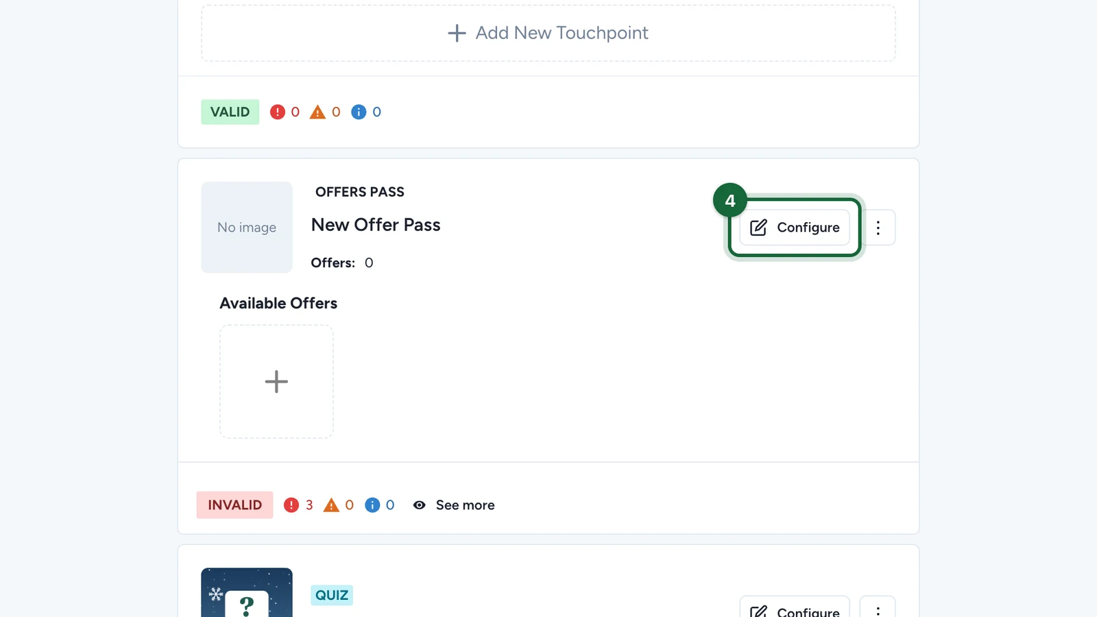 New Offer Pass card, INVALID, with its Configure button highlighted