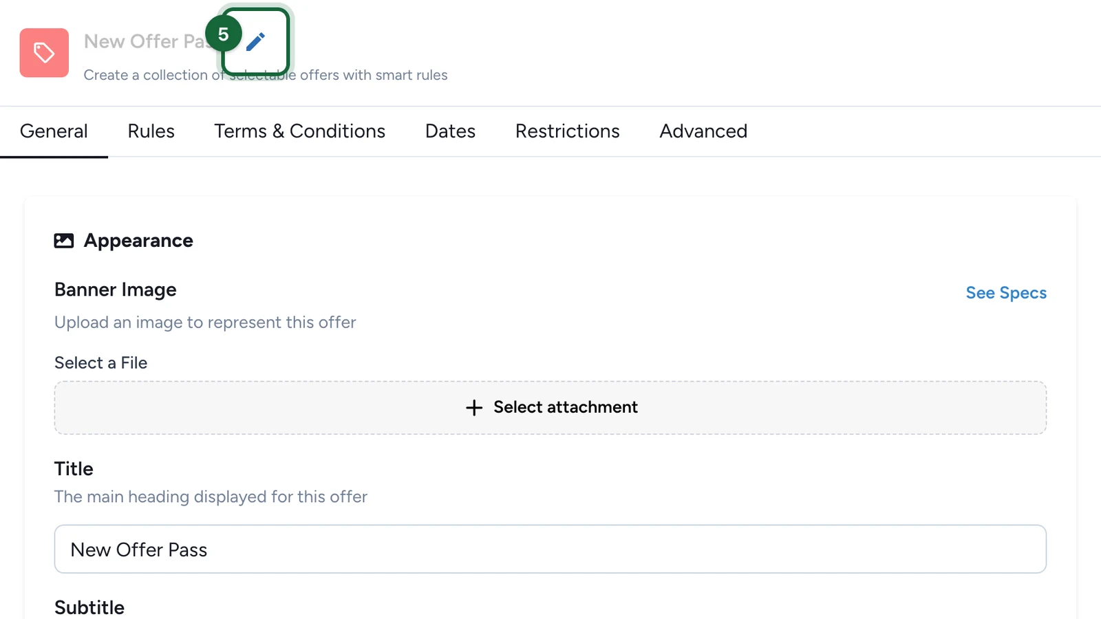 New Offer Pass settings with the pencil next to the name highlighted