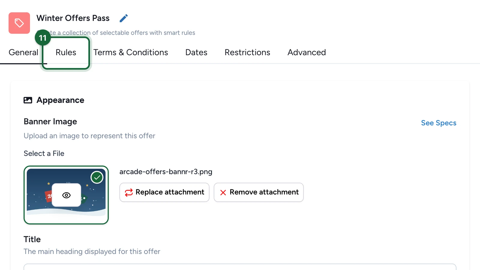 Offers Pass settings with the Rules tab highlighted