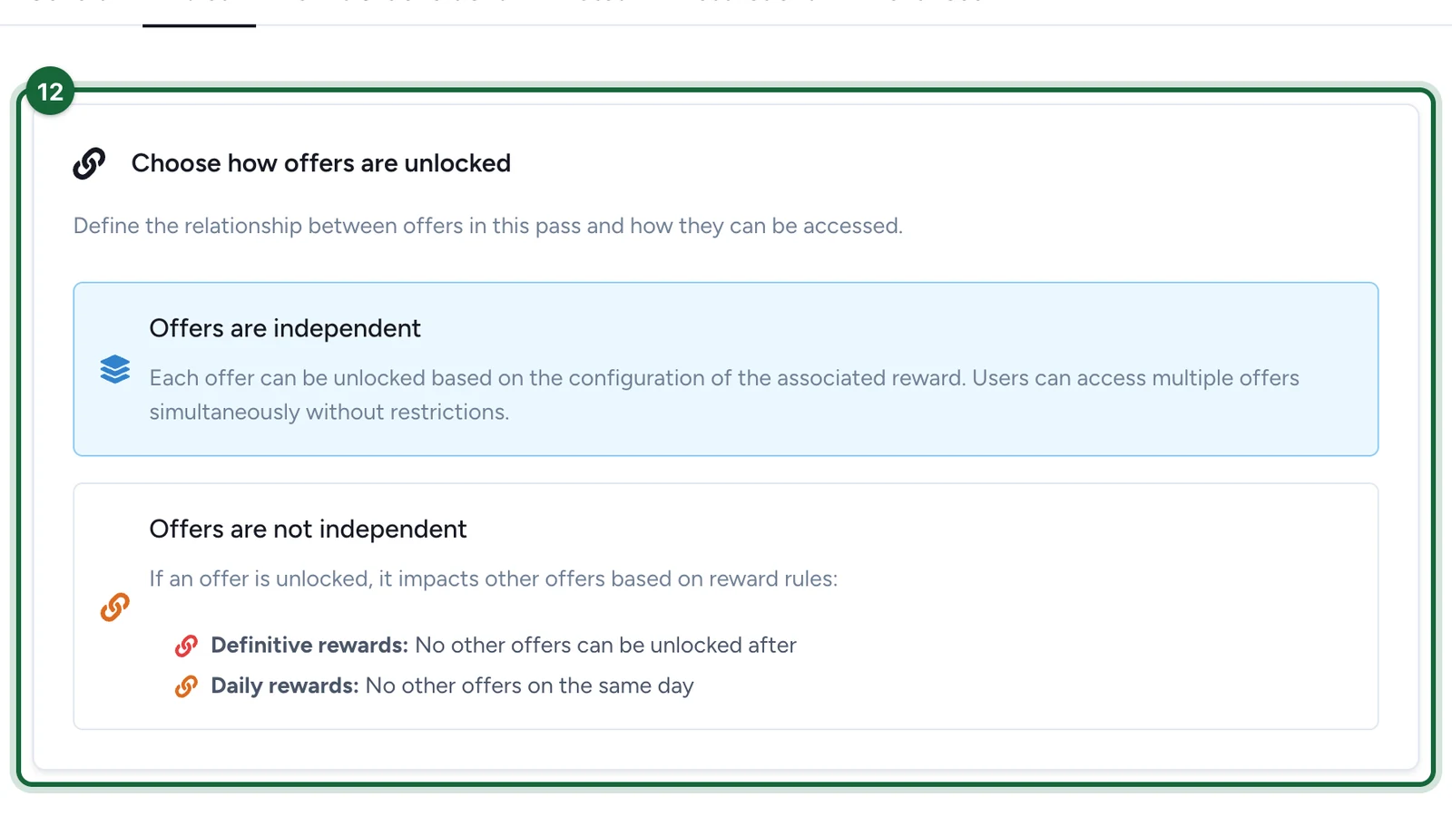 Choose how offers are unlocked, with Offers are independent selected, highlighted