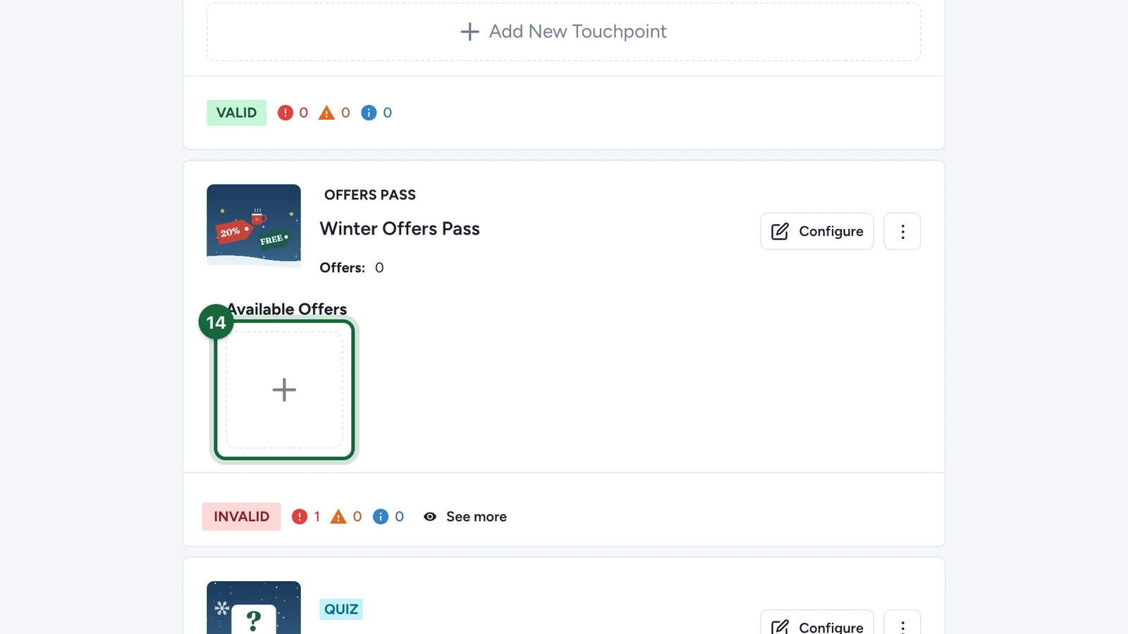 Winter Offers Pass card, Offers: 0, with the + tile highlighted