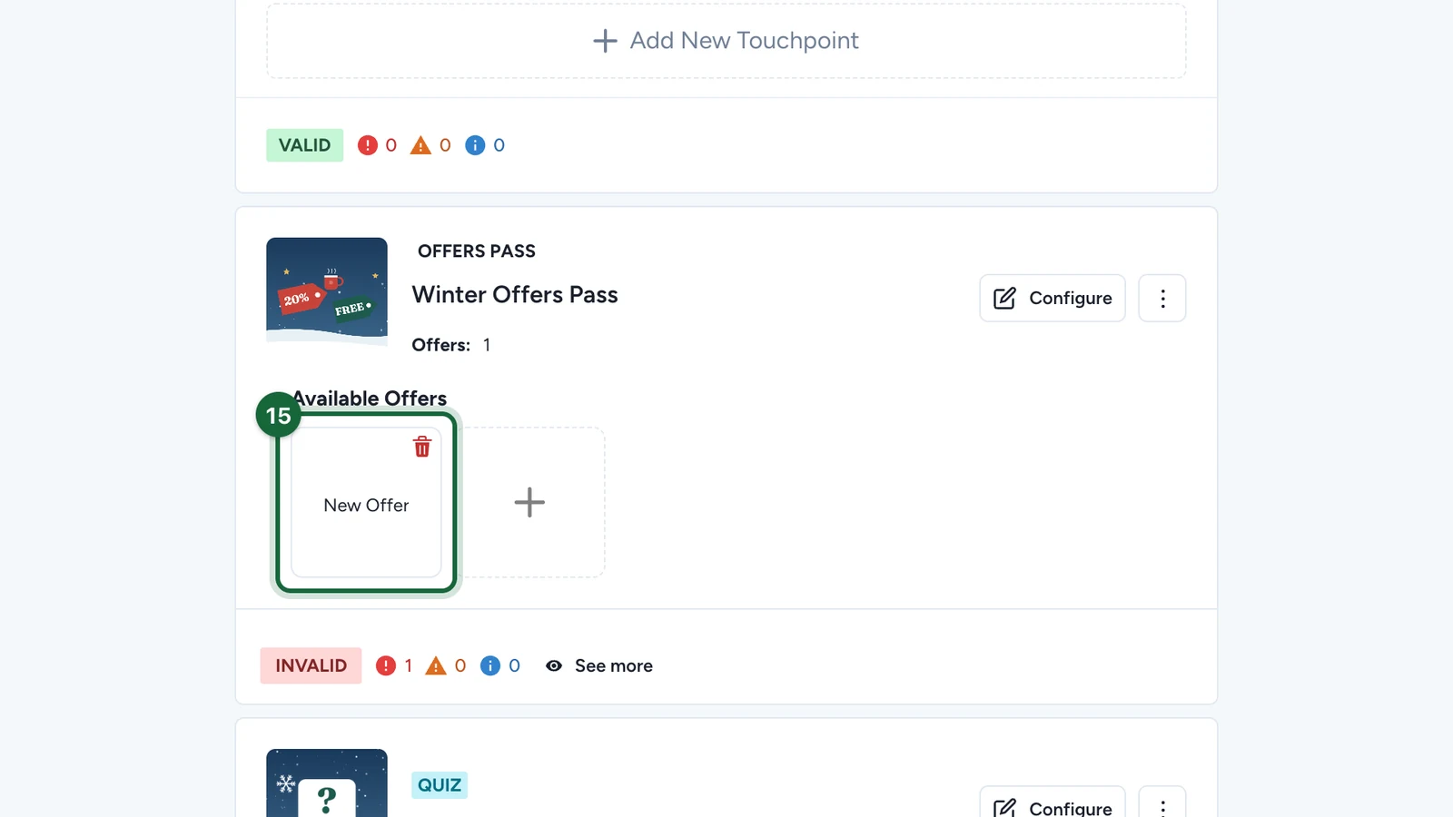 Available Offers with the New Offer tile highlighted, and Offers: 1 on the pass card