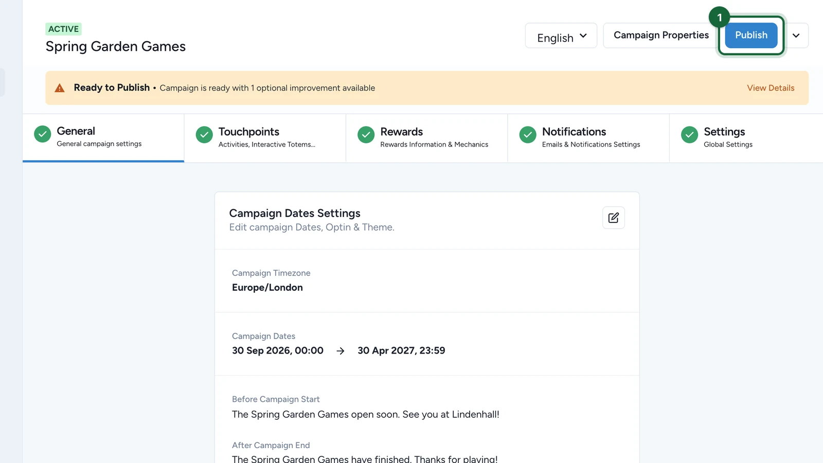 Spring Garden Games in Build with the Publish button highlighted