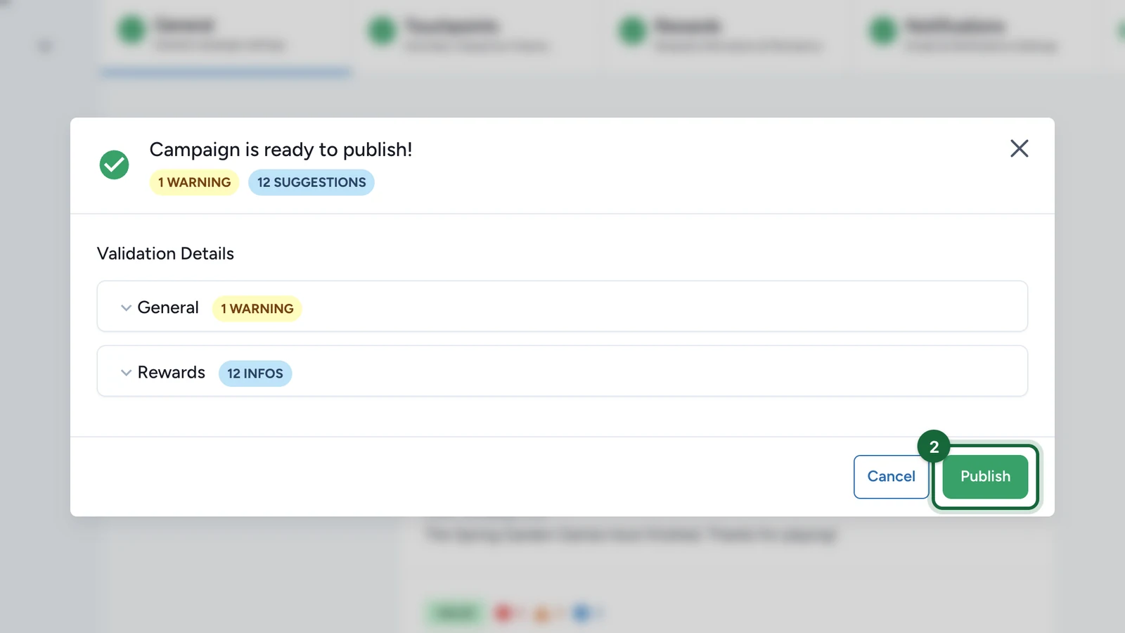 Campaign is ready to publish! with the Publish button highlighted
