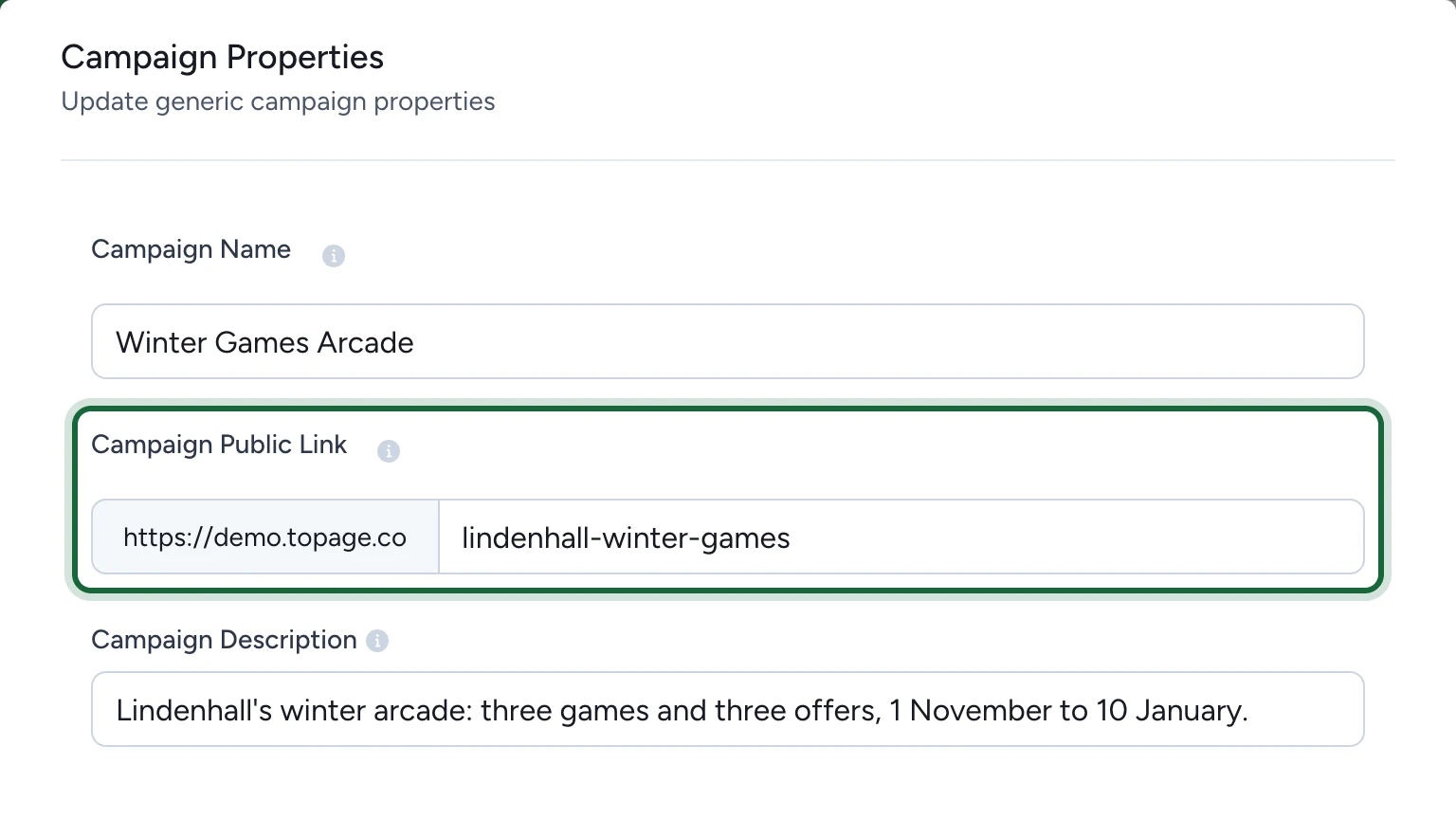 Campaign Properties with the Campaign Public Link lindenhall-winter-games after the domain, highlighted