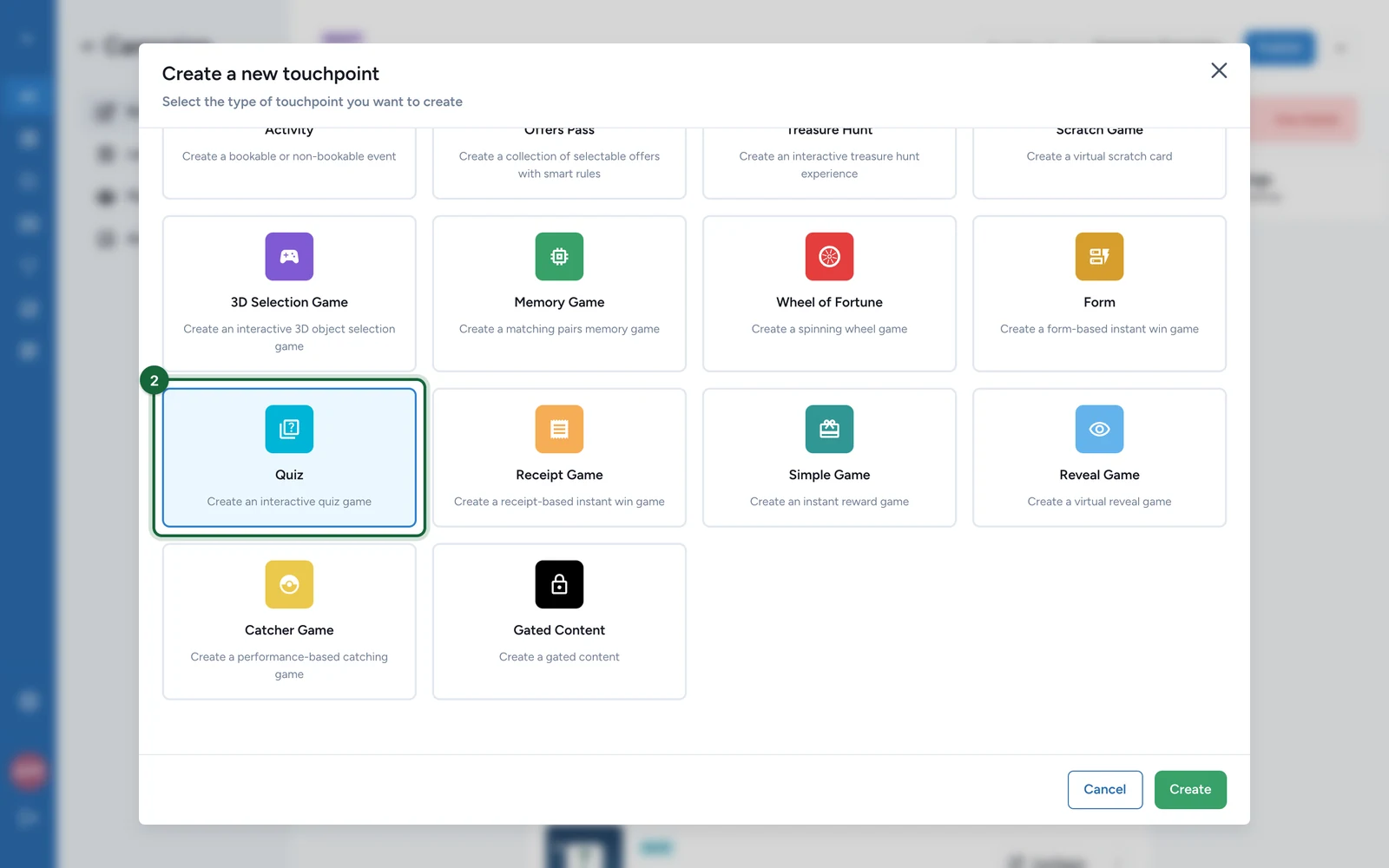 Create a new touchpoint window with the Quiz tile highlighted