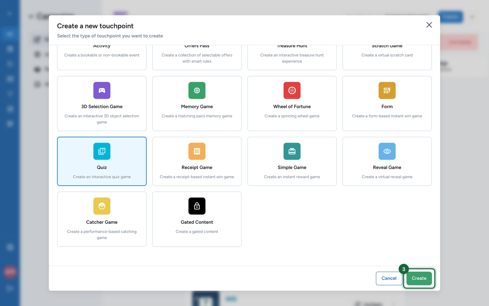 Create a new touchpoint window with the Create button highlighted