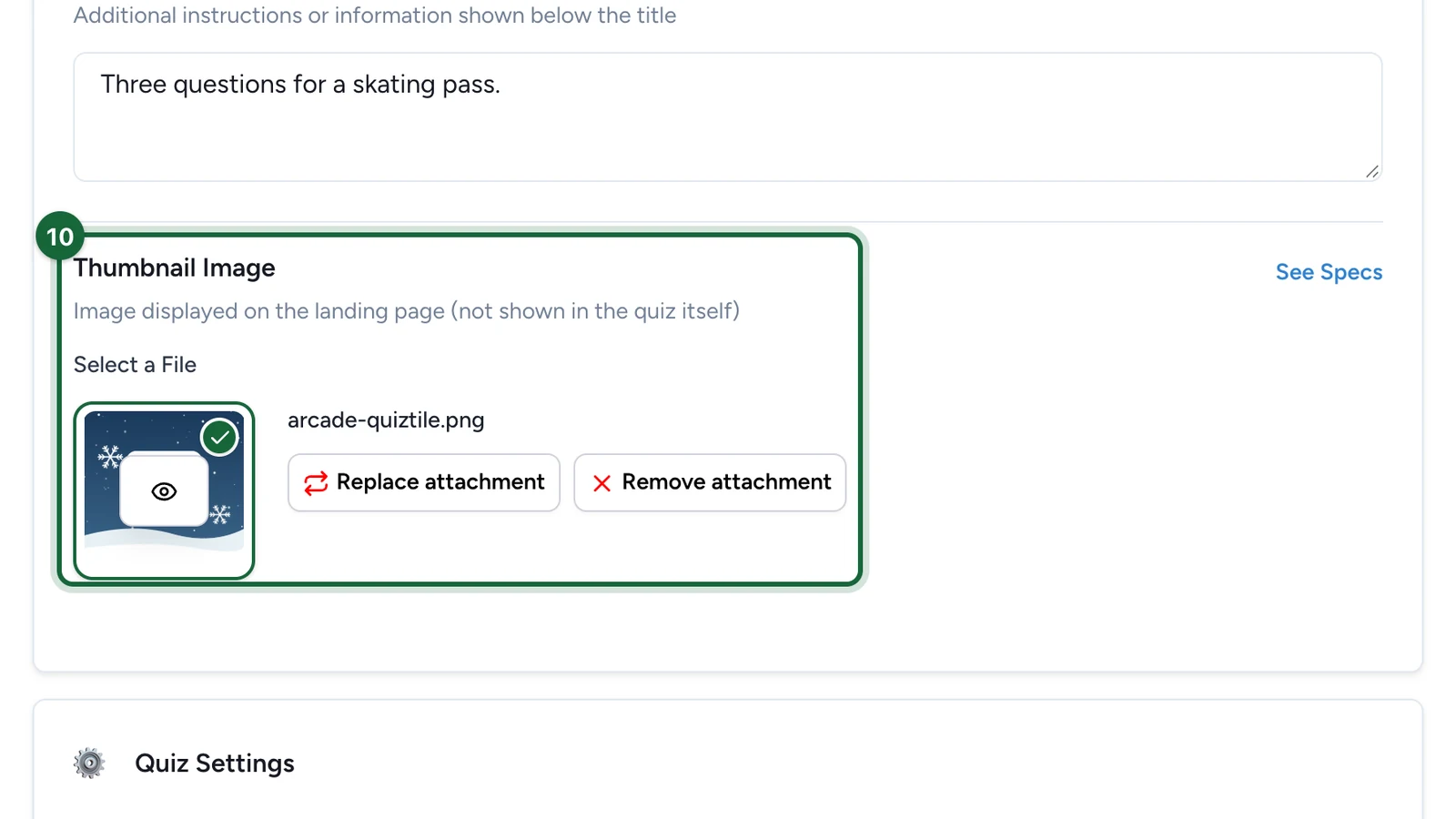 Thumbnail Image with the quiz tile chosen, highlighted