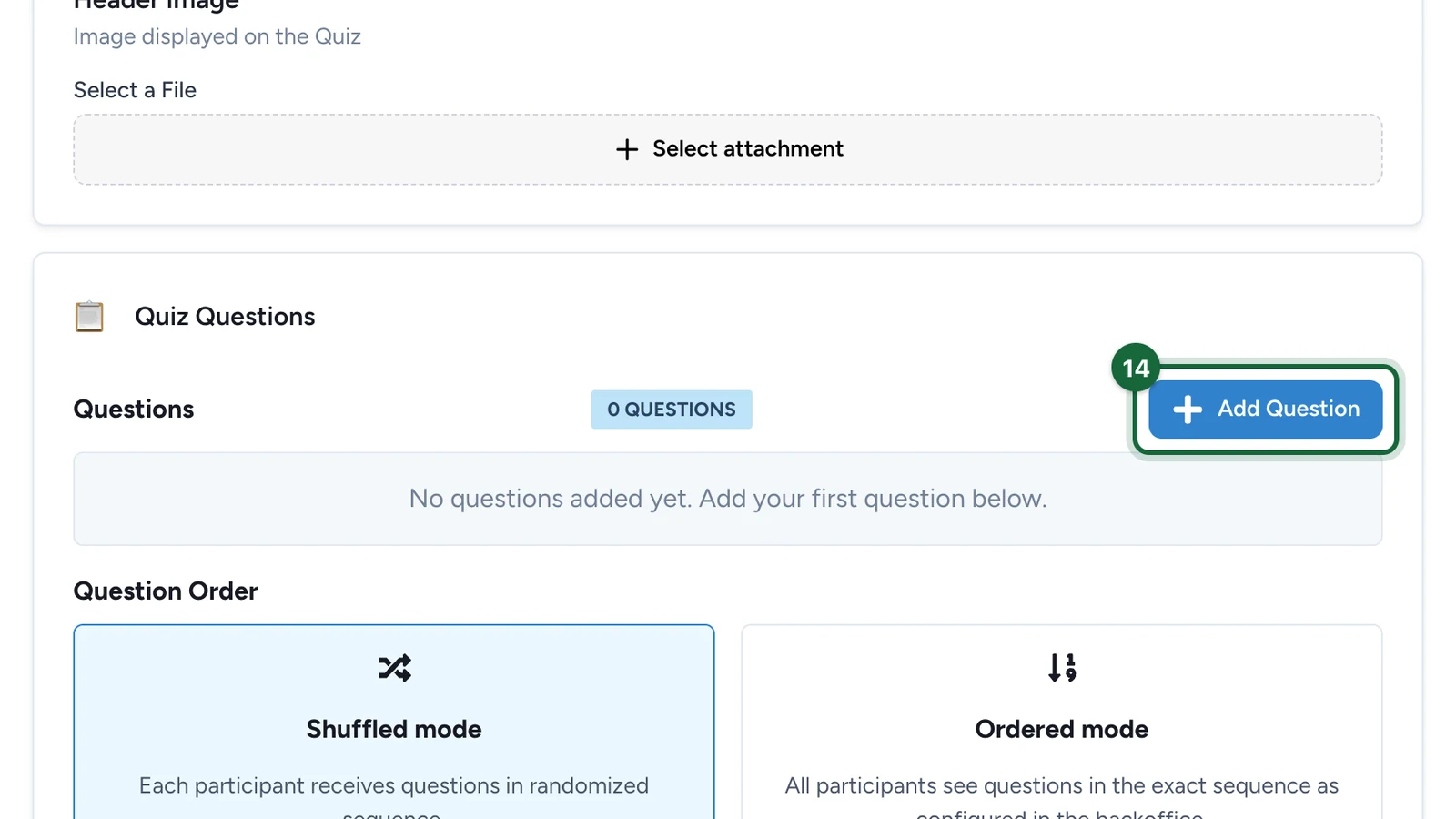 Quiz Questions with the Add Question button highlighted