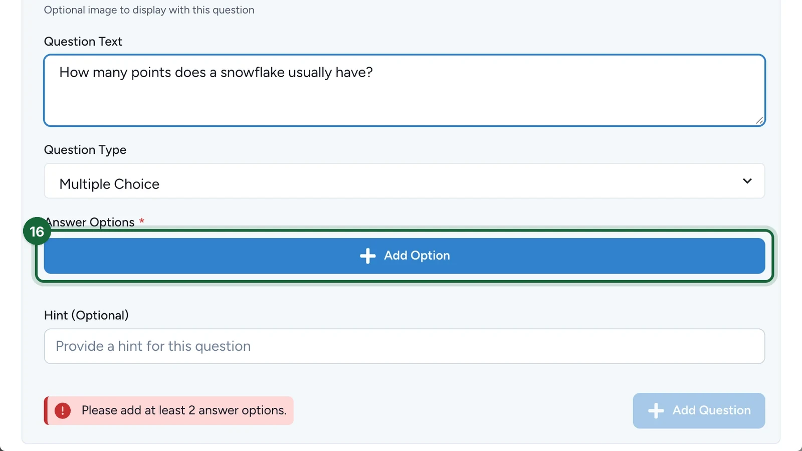 Answer Options with the Add Option button highlighted