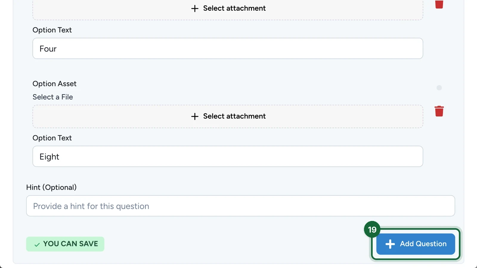 Add New Question window with its three answers and the Add Question button highlighted