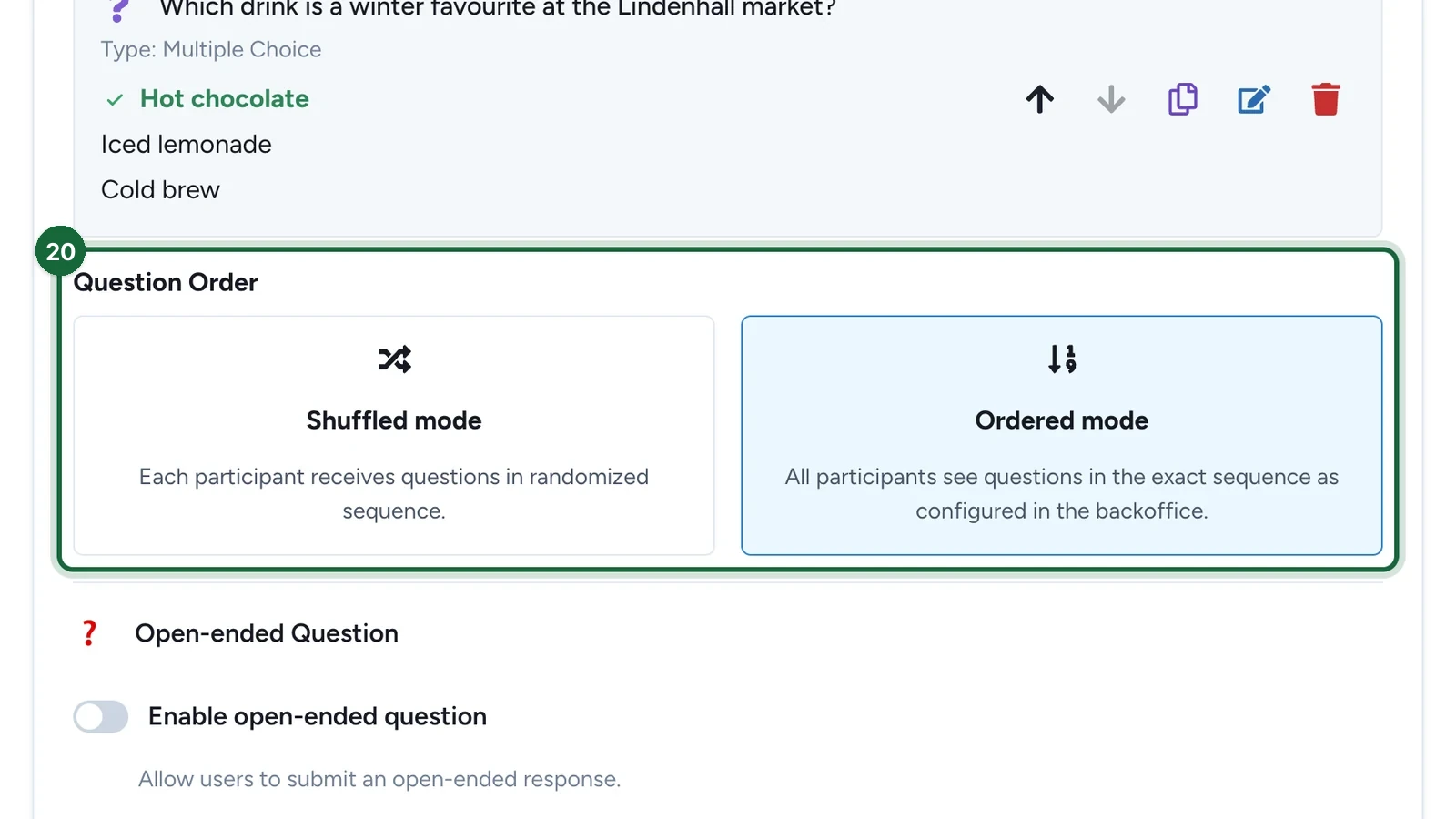 Question Order with Ordered mode selected, highlighted
