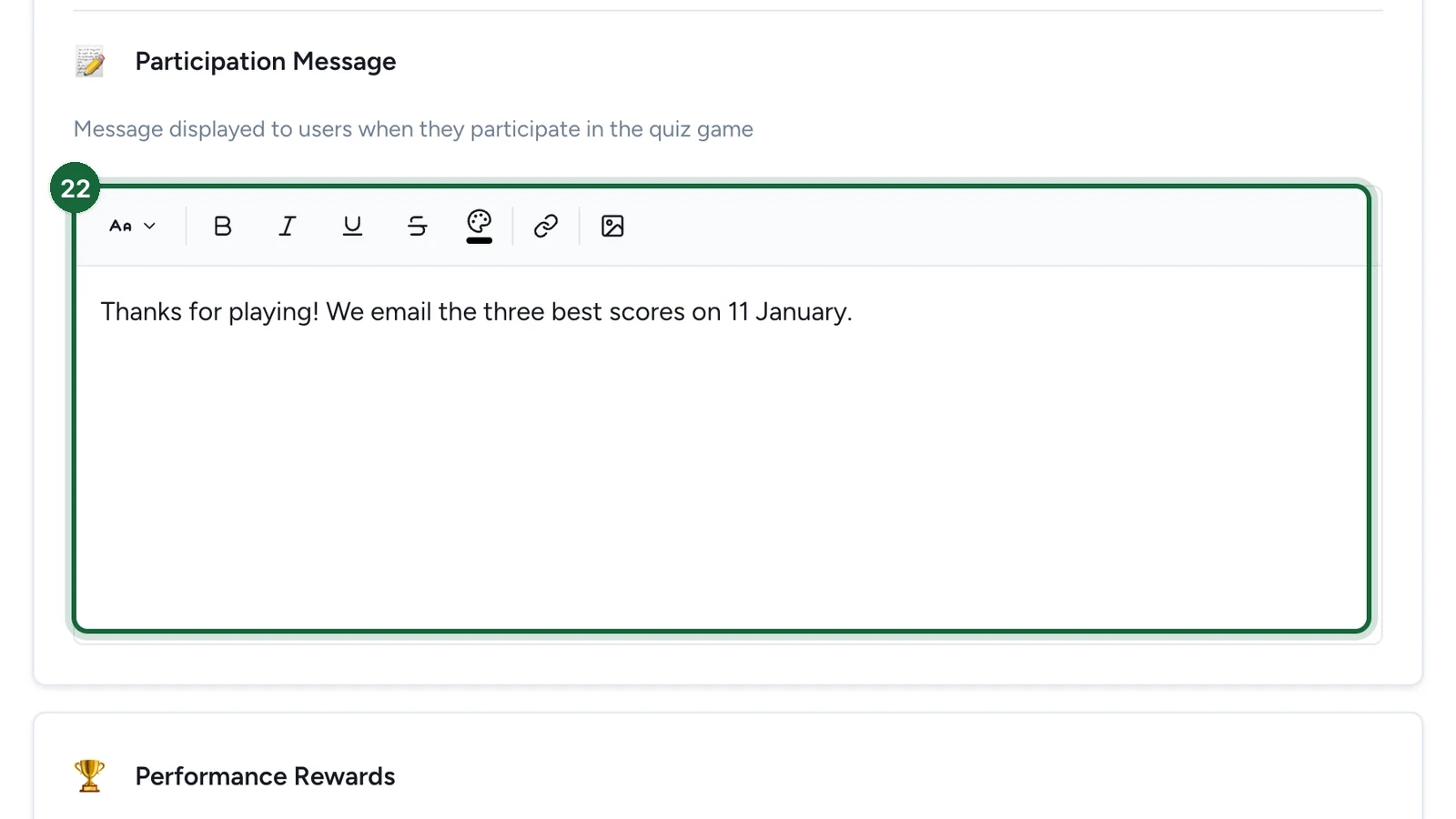 Participation Message saying when the winners are emailed, highlighted