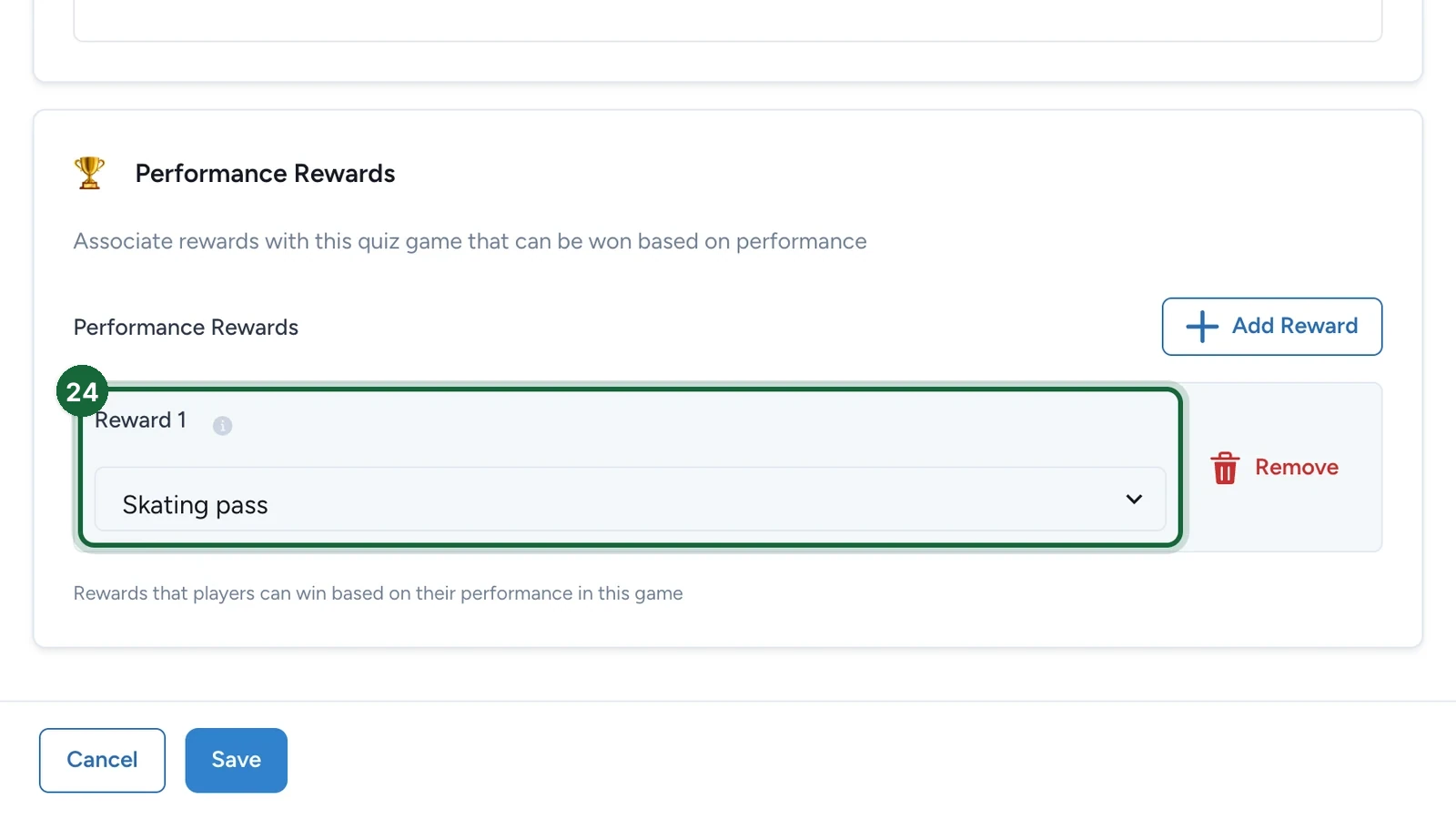 Reward 1 set to Skating pass, highlighted