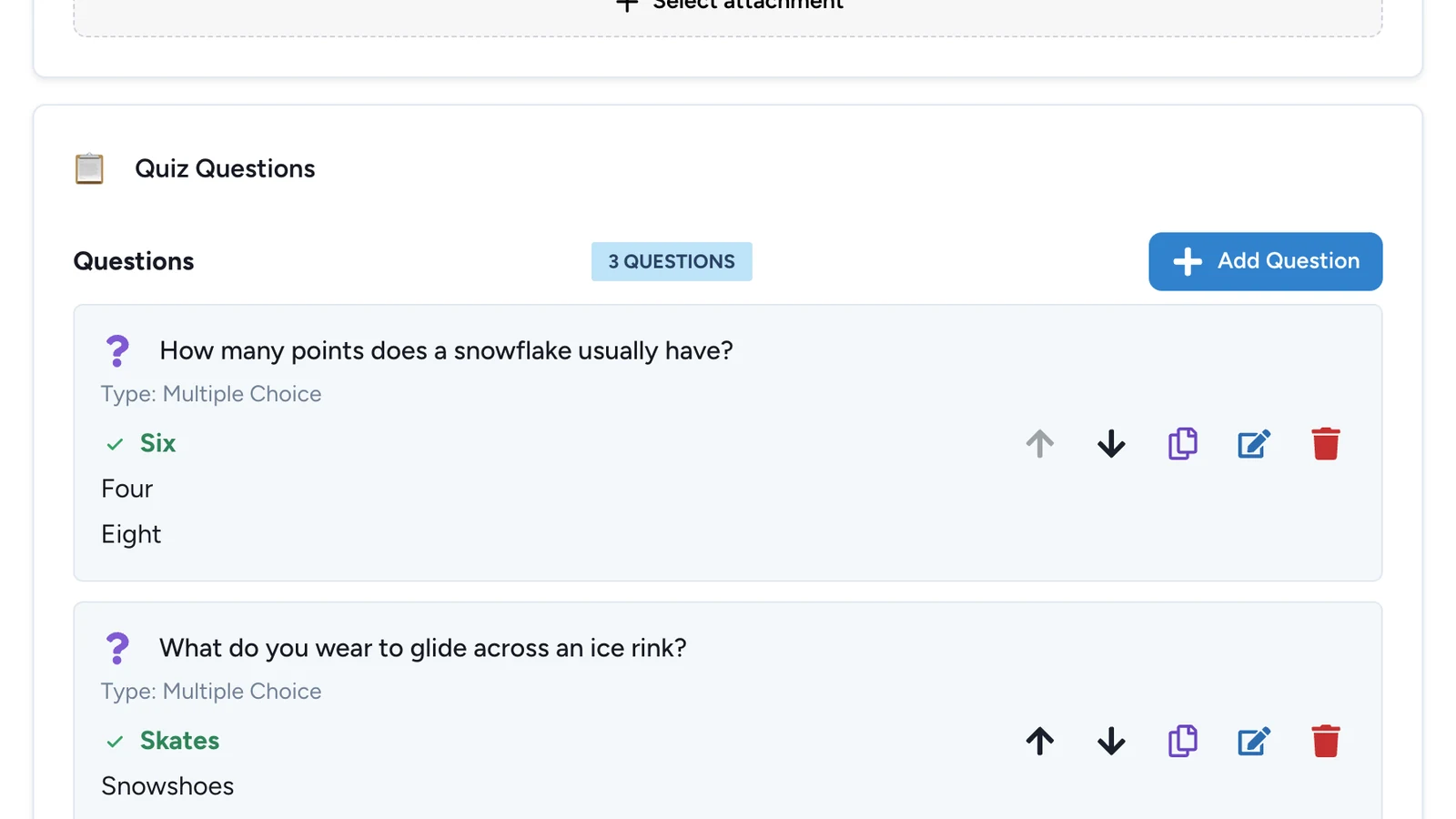 Quiz Questions showing 3 QUESTIONS, with the first two listed and their right answers ticked