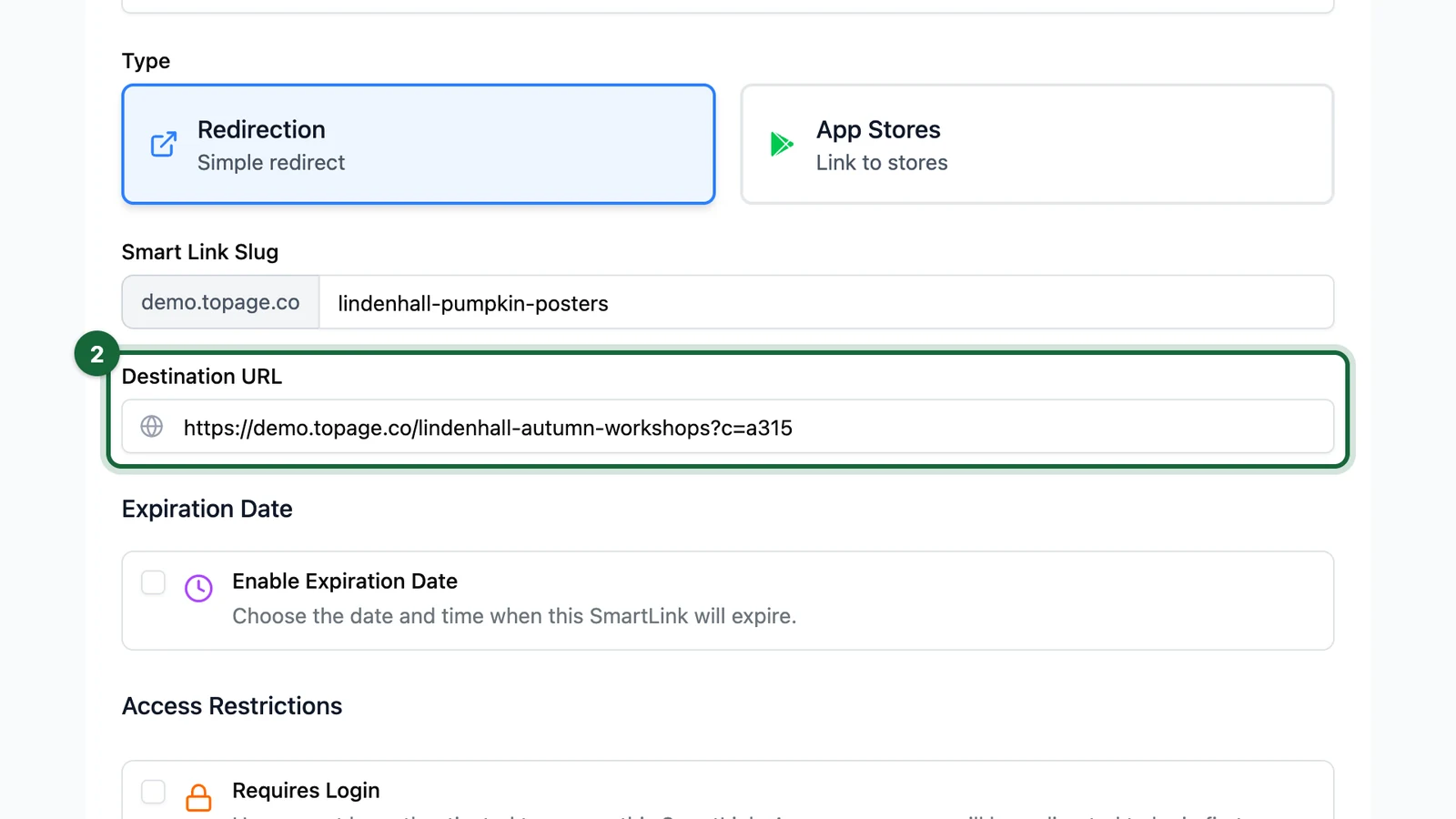 Edit Smart Link page with the new Destination URL highlighted