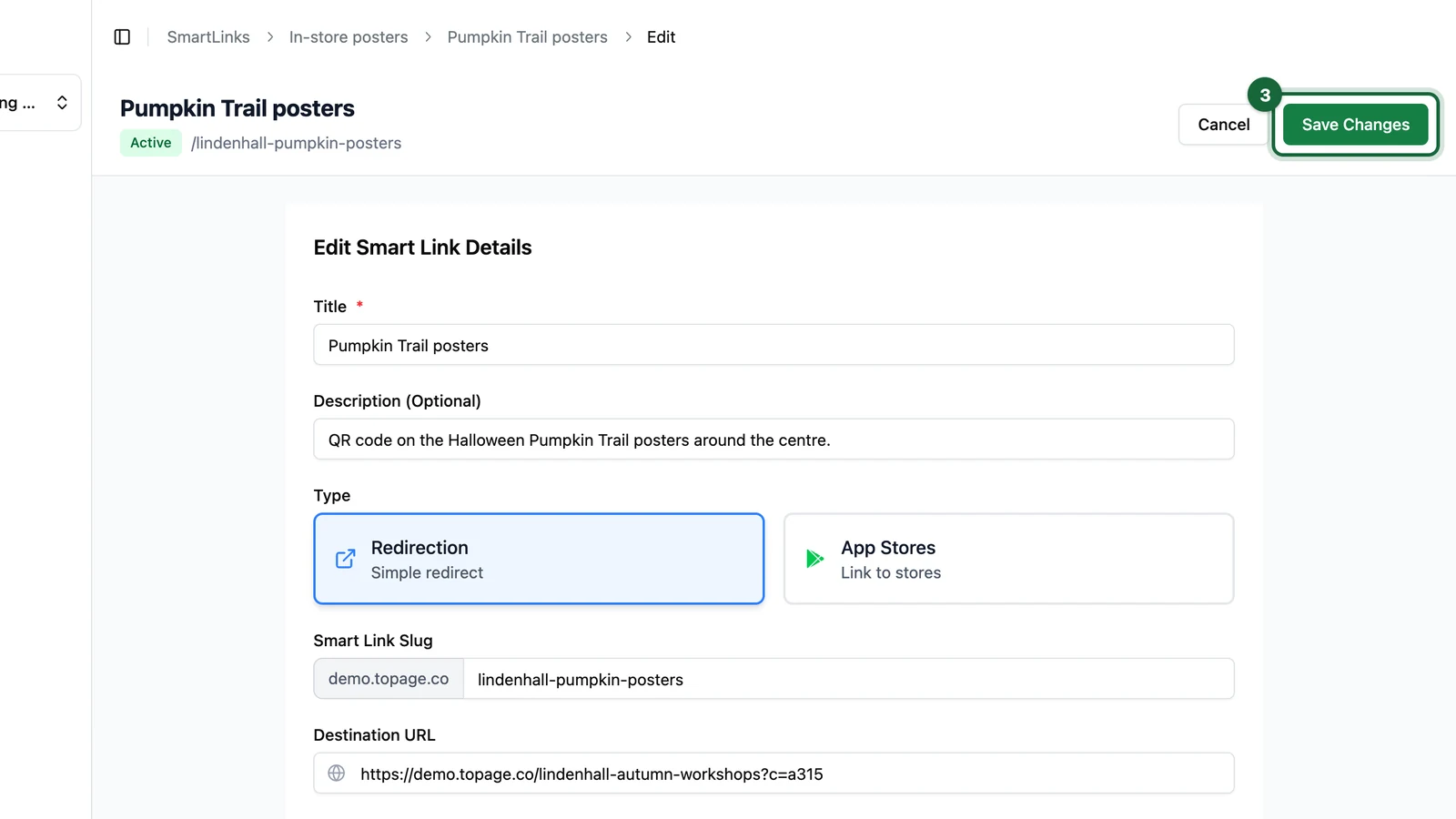 Edit Smart Link page with Save Changes highlighted