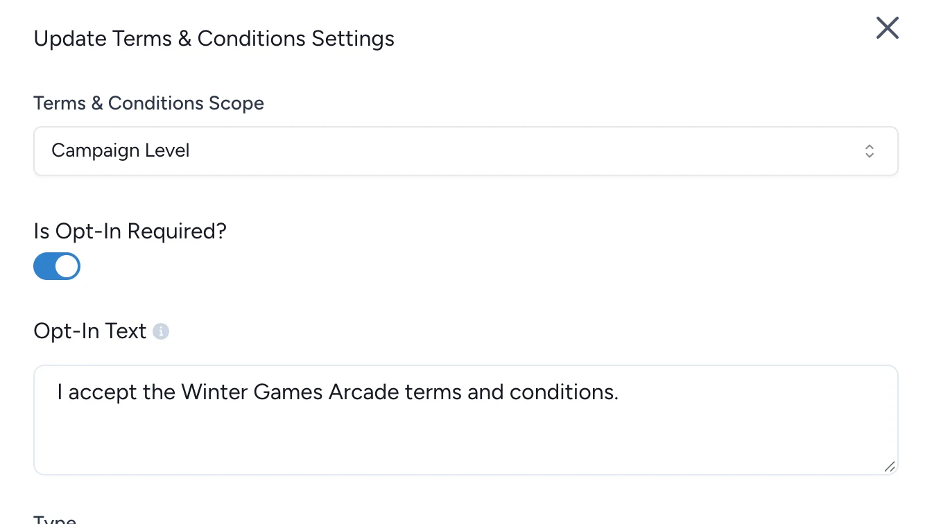 Update Terms & Conditions Settings at Campaign Level, with the opt-in switch and text
