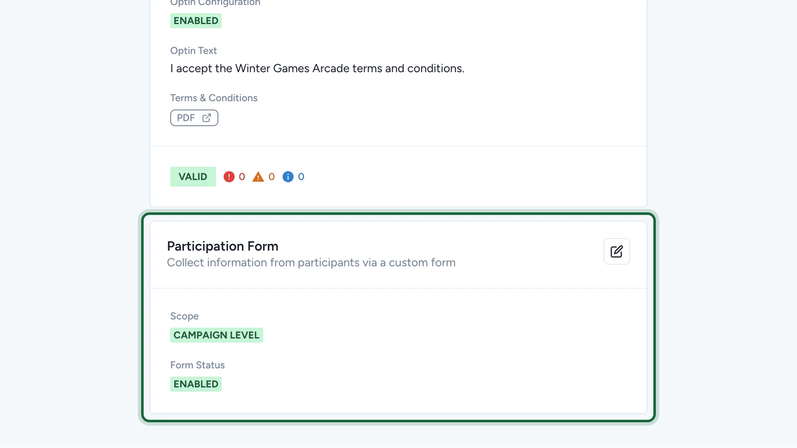 Participation Form card showing Campaign Level and Enabled