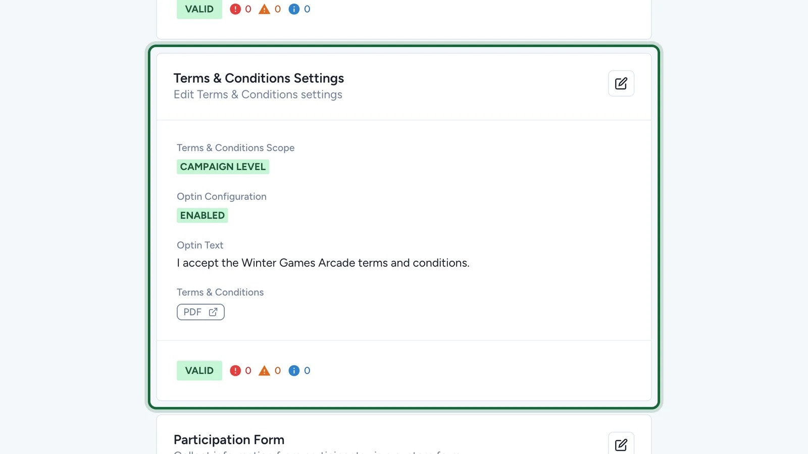 Terms & Conditions Settings card showing Campaign Level, Enabled, the opt-in text and the PDF