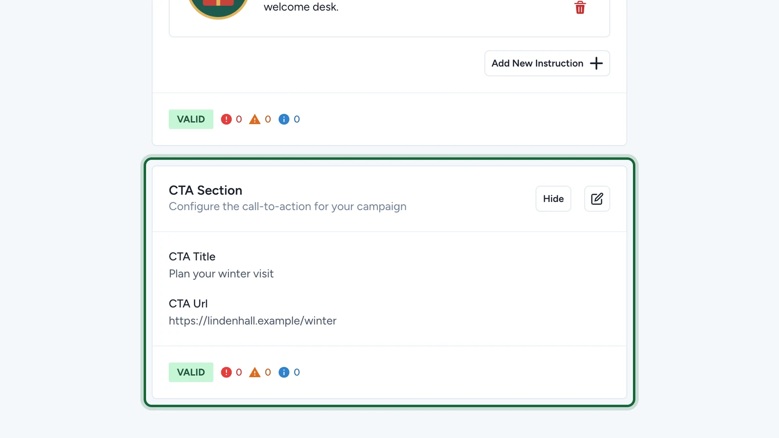 CTA Section showing the title and address that were set