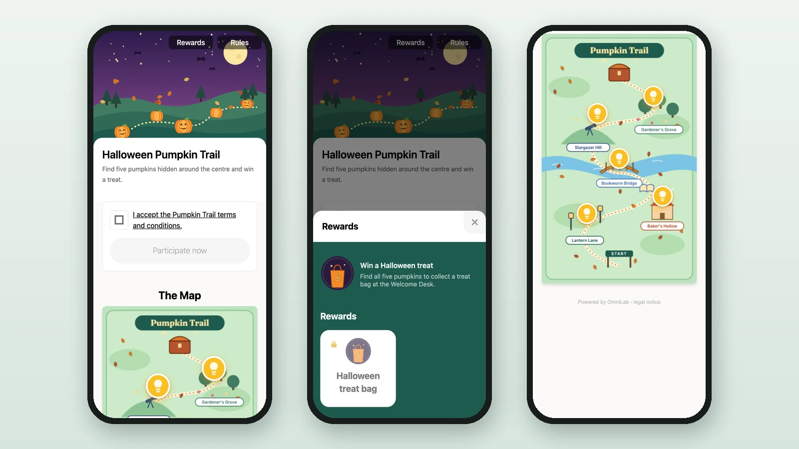 Three phone screens: the hunt page, its Rewards panel, and the map with five pins