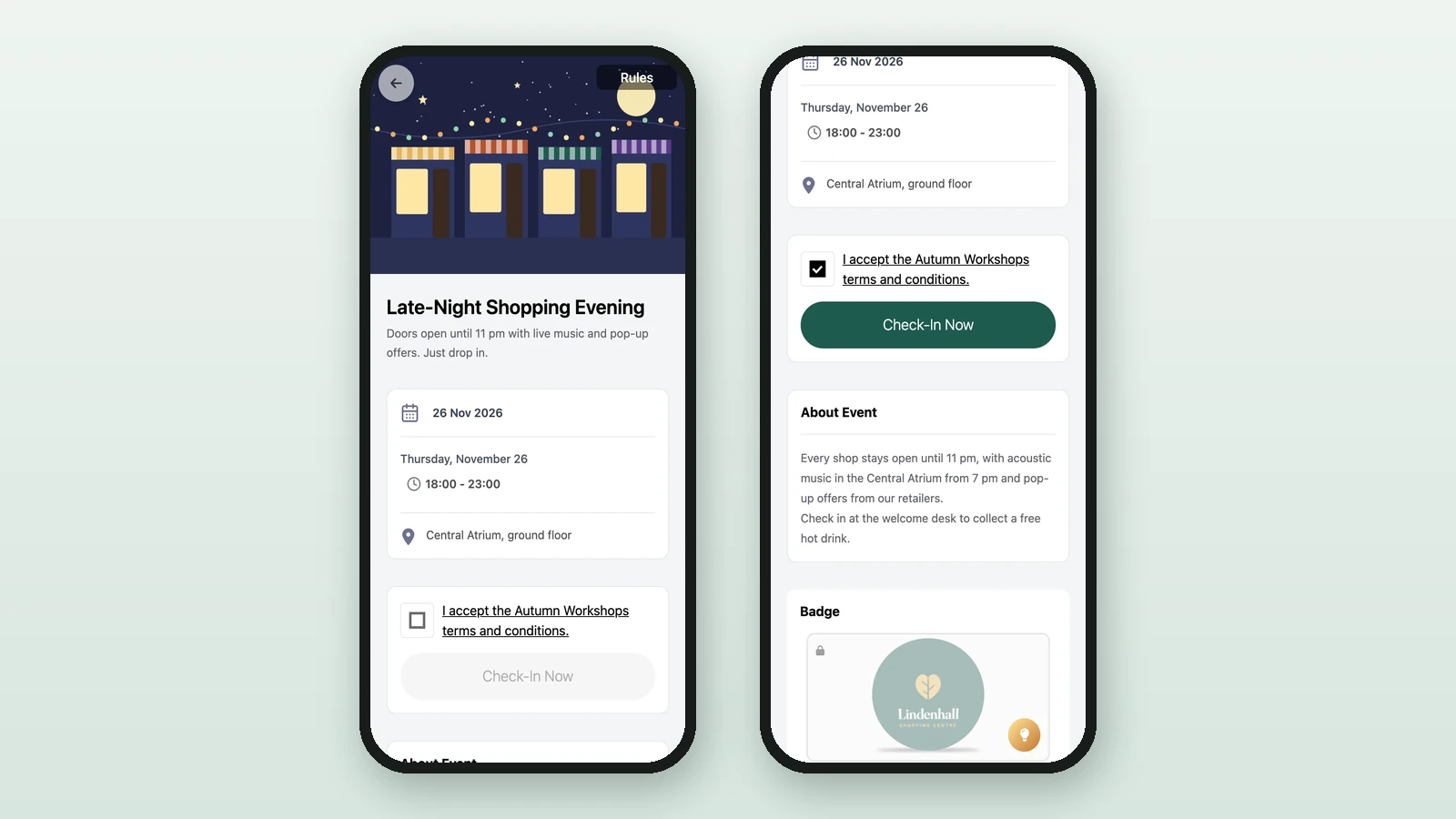 Two phone screens of the Late-Night Shopping Evening page, the second with the terms ticked and Check-In Now ready