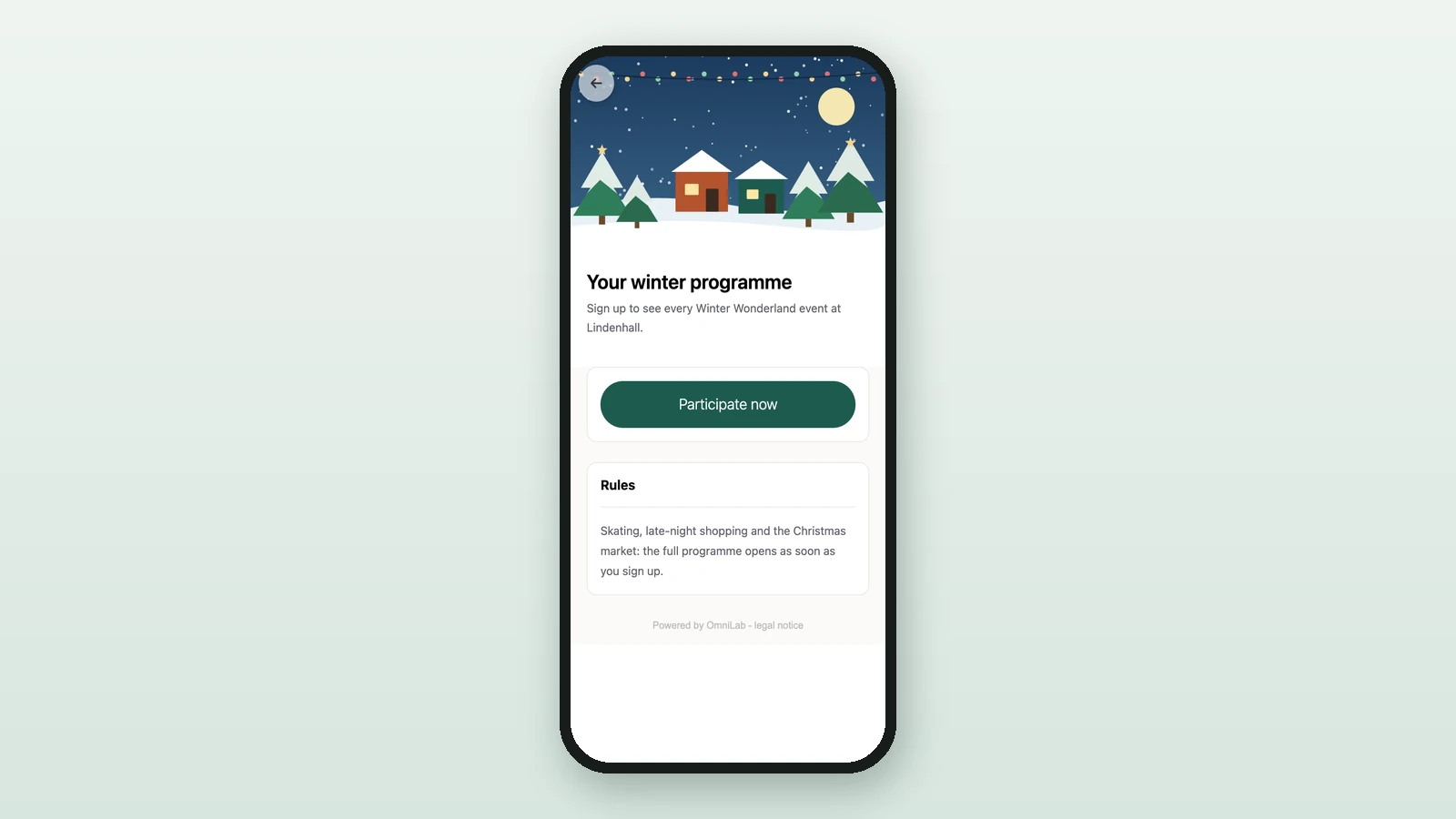 Winter Wonderland on a phone: the banner, the title, the Participate now button and the description under Rules