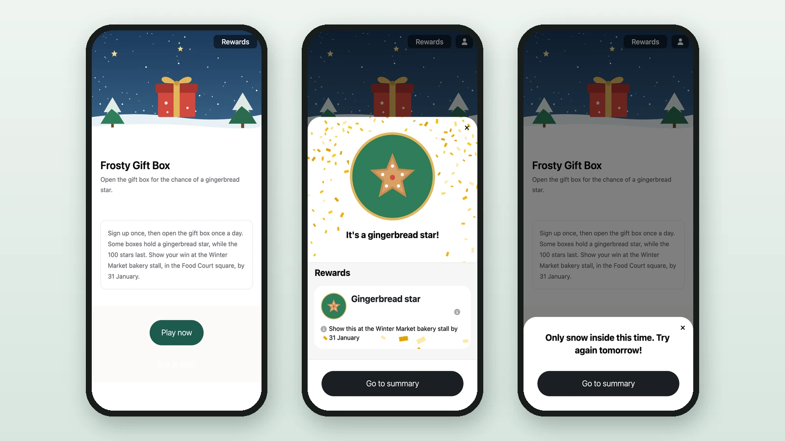 The Frosty Gift Box on three phones: the game page, a winning player's gingerbread star, and a losing player's message