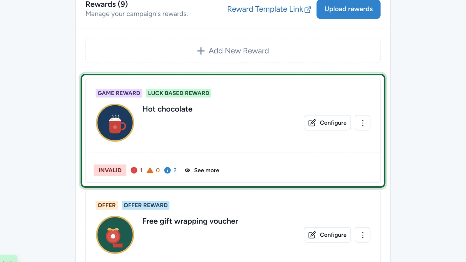 Hot chocolate reward card on the Rewards tab, marked INVALID until it's linked