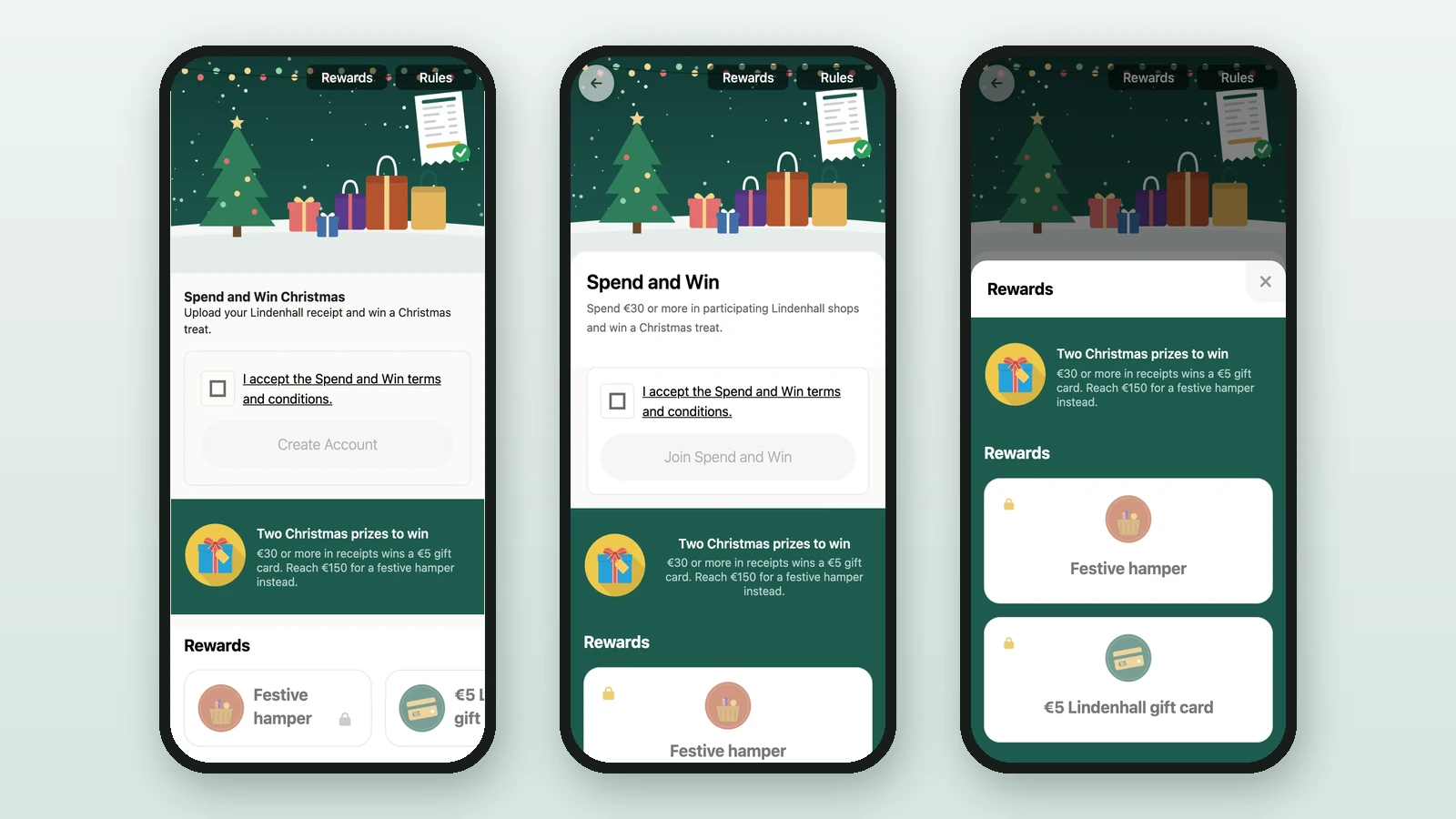 Three phone screens of Spend and Win Christmas: the campaign page, the receipt game and its two prizes