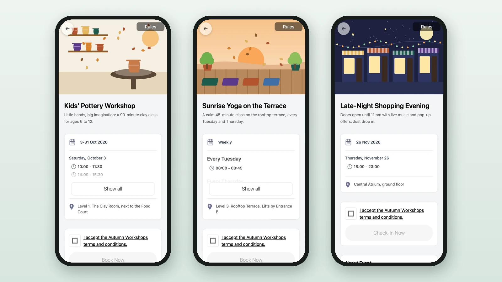 Three phone screens: pottery and yoga pages with Book Now, and the late-night shopping page with Check-In Now