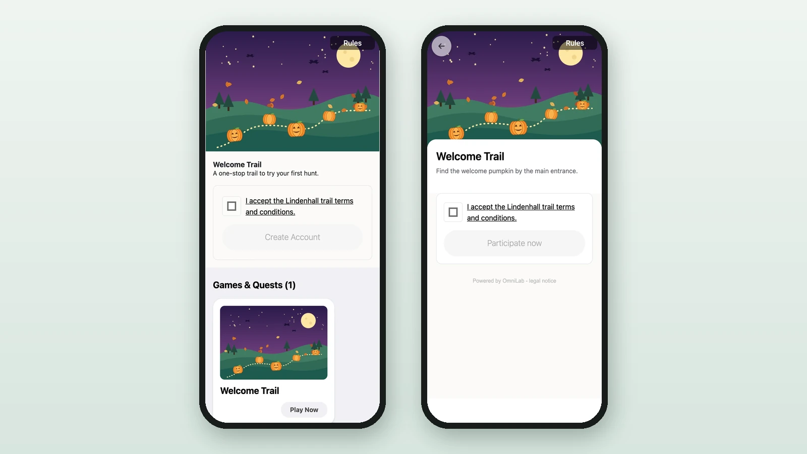 Two phone screens of the Welcome Trail: the campaign page and the hunt page